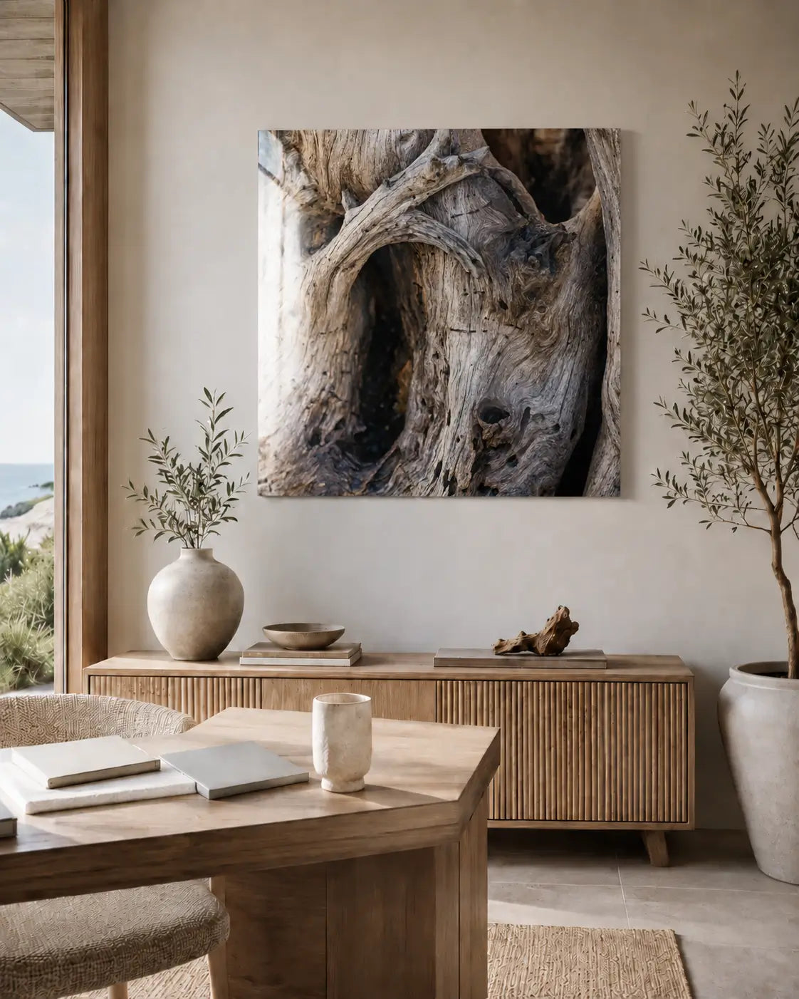 Modern coastal home office with wooden furniture, a large wall glass print of textured driftwood