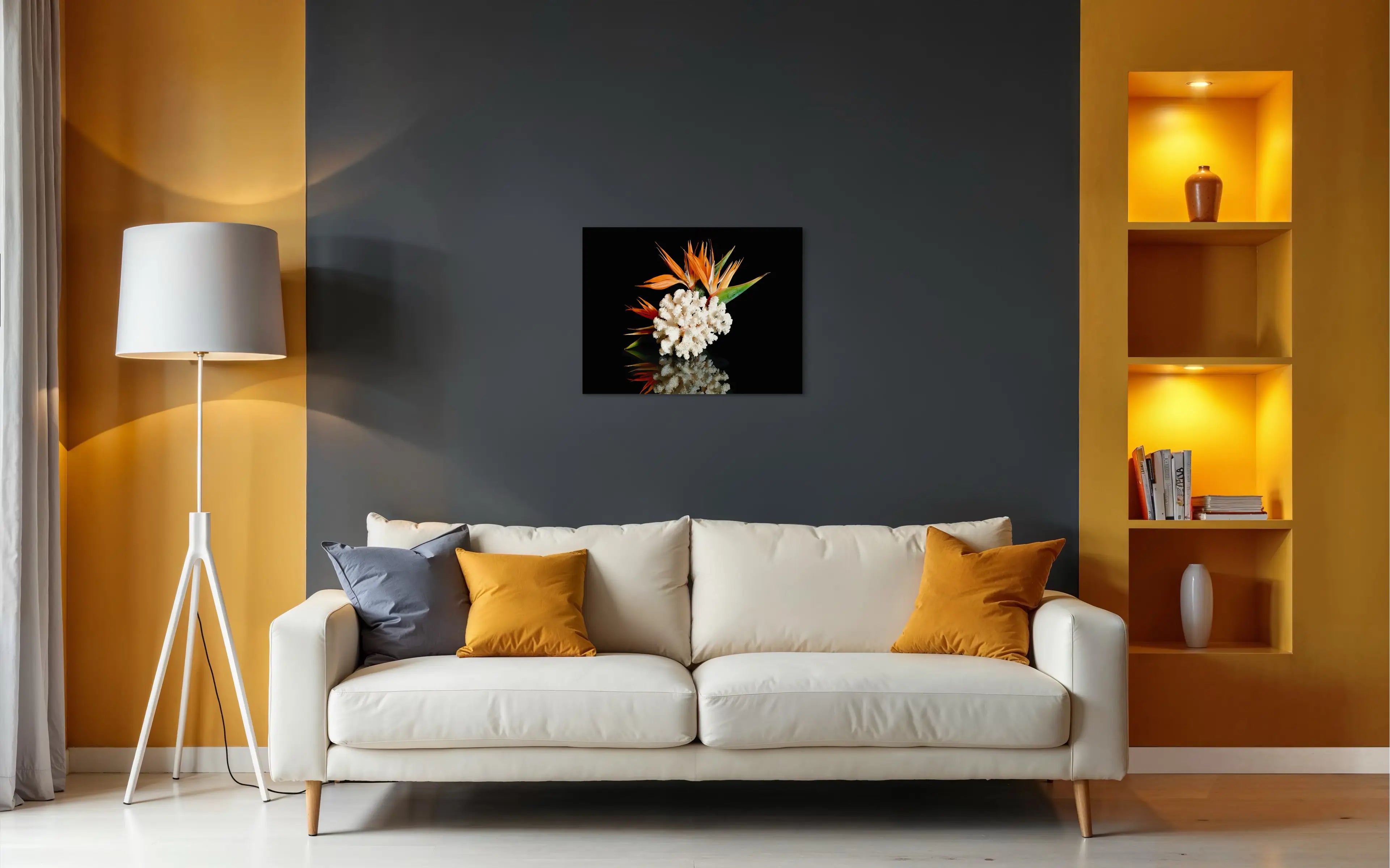 Bird of paradise and coral on reflective glass, coastal wall art in living room