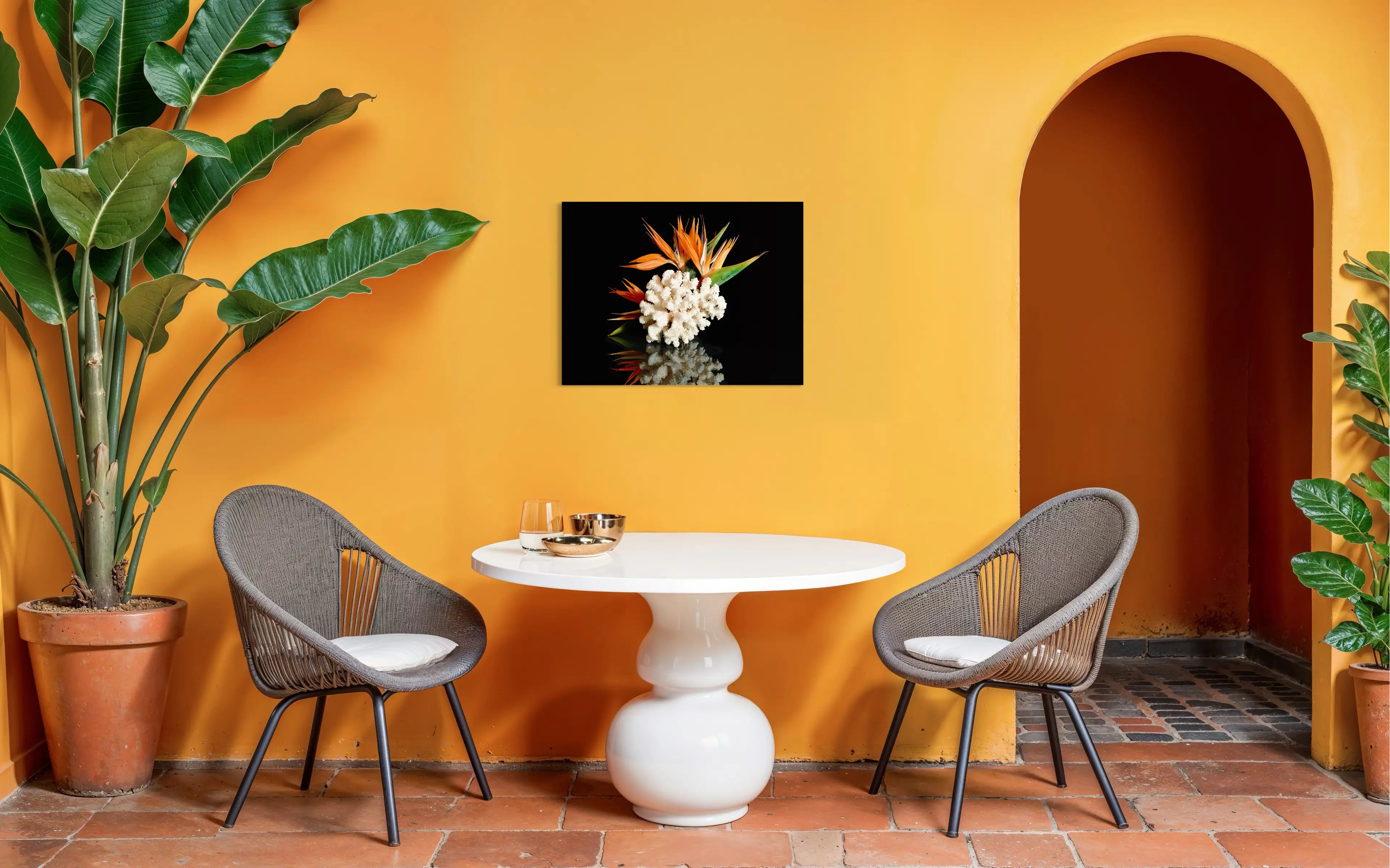 Bird of paradise and coral on reflective glass, coastal wall art for touches of vibrant color