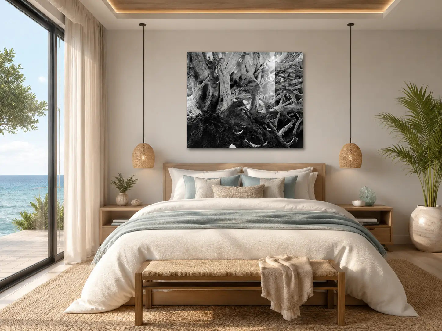 Serene coastal bedroom with ocean views featuring black-and-white Jekyll Island driftwood wall art printed on frameless glass above the bed.