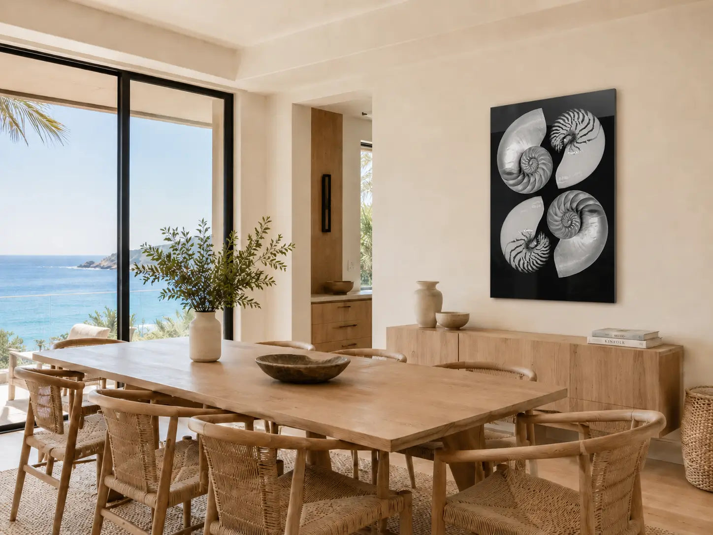 Bright coastal dining room with ocean views featuring a vertical black-and-white nautilus glass print above a light wood sideboard.
