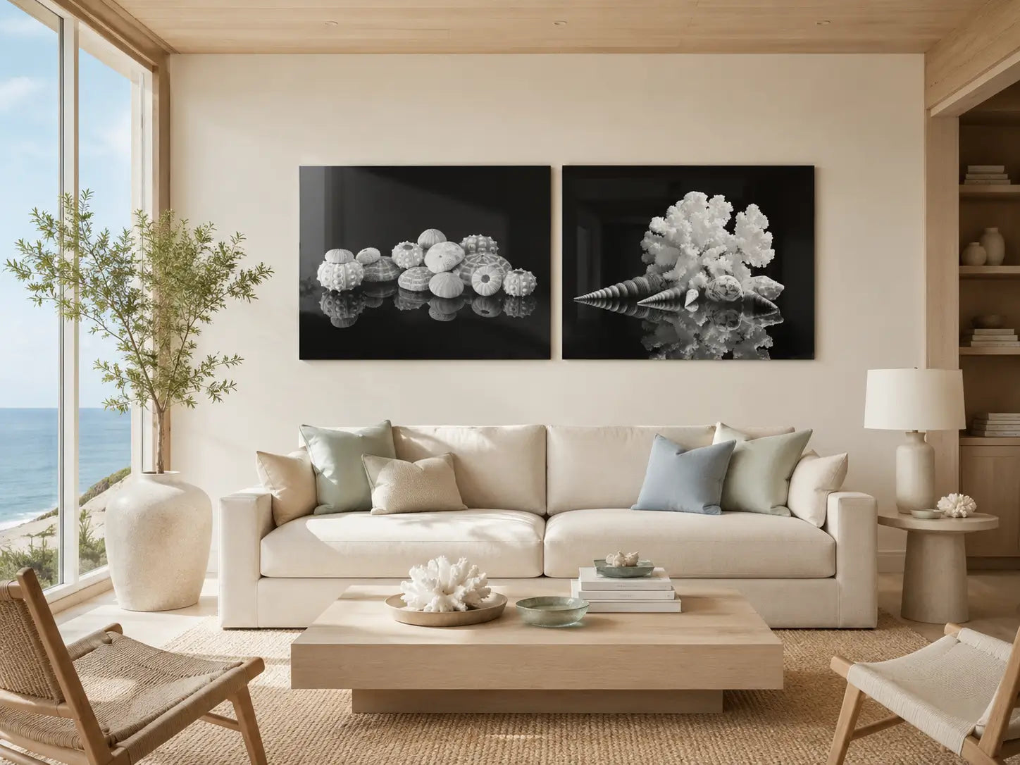 Bright coastal living room with ocean views featuring two black-and-white glass prints above a sofa, one with sea urchins and one with coral and spiral seashells.