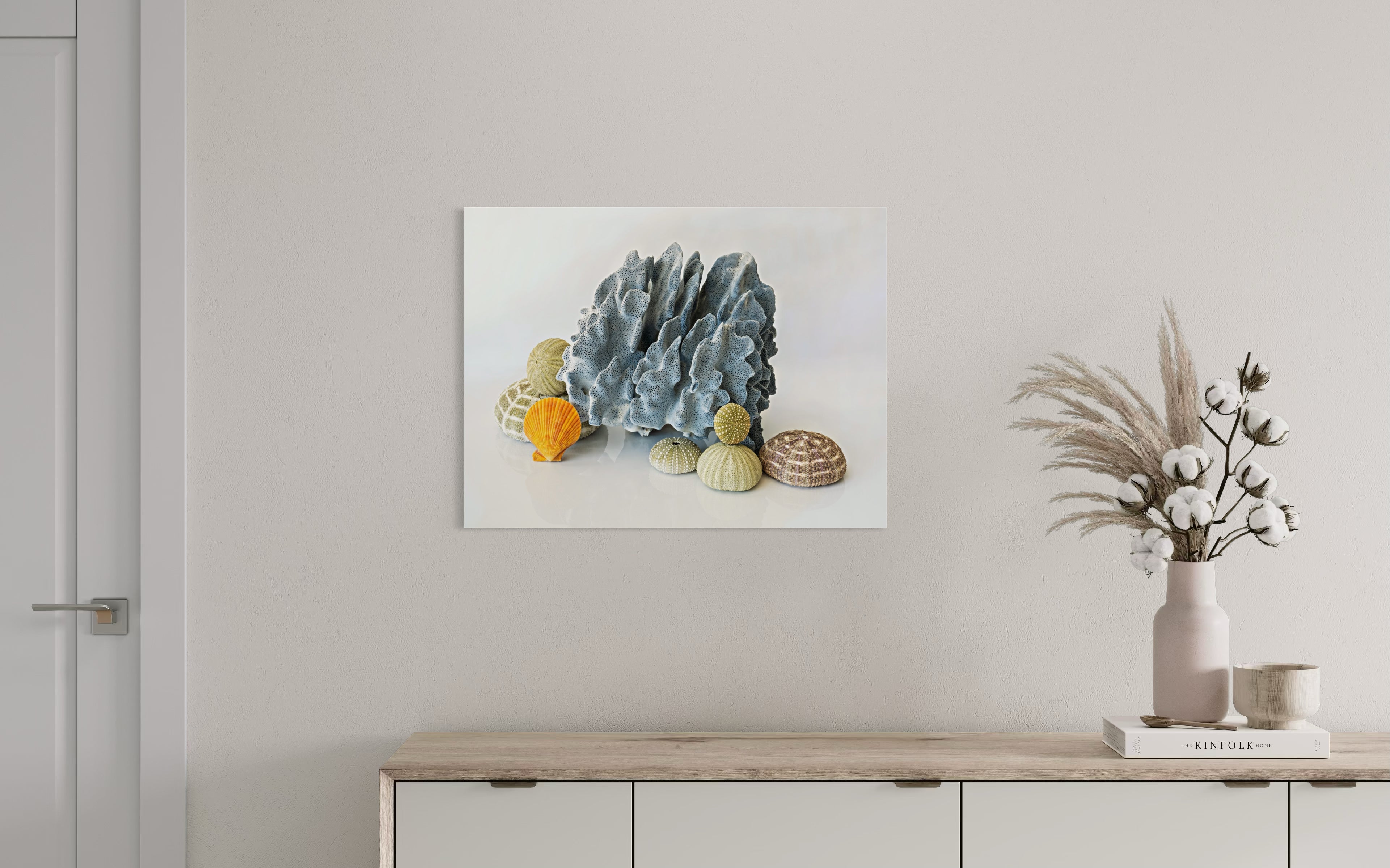Blue Coral and Sea Urchins Coastal Glass Print by Echoes of the Sea, coastal decor
