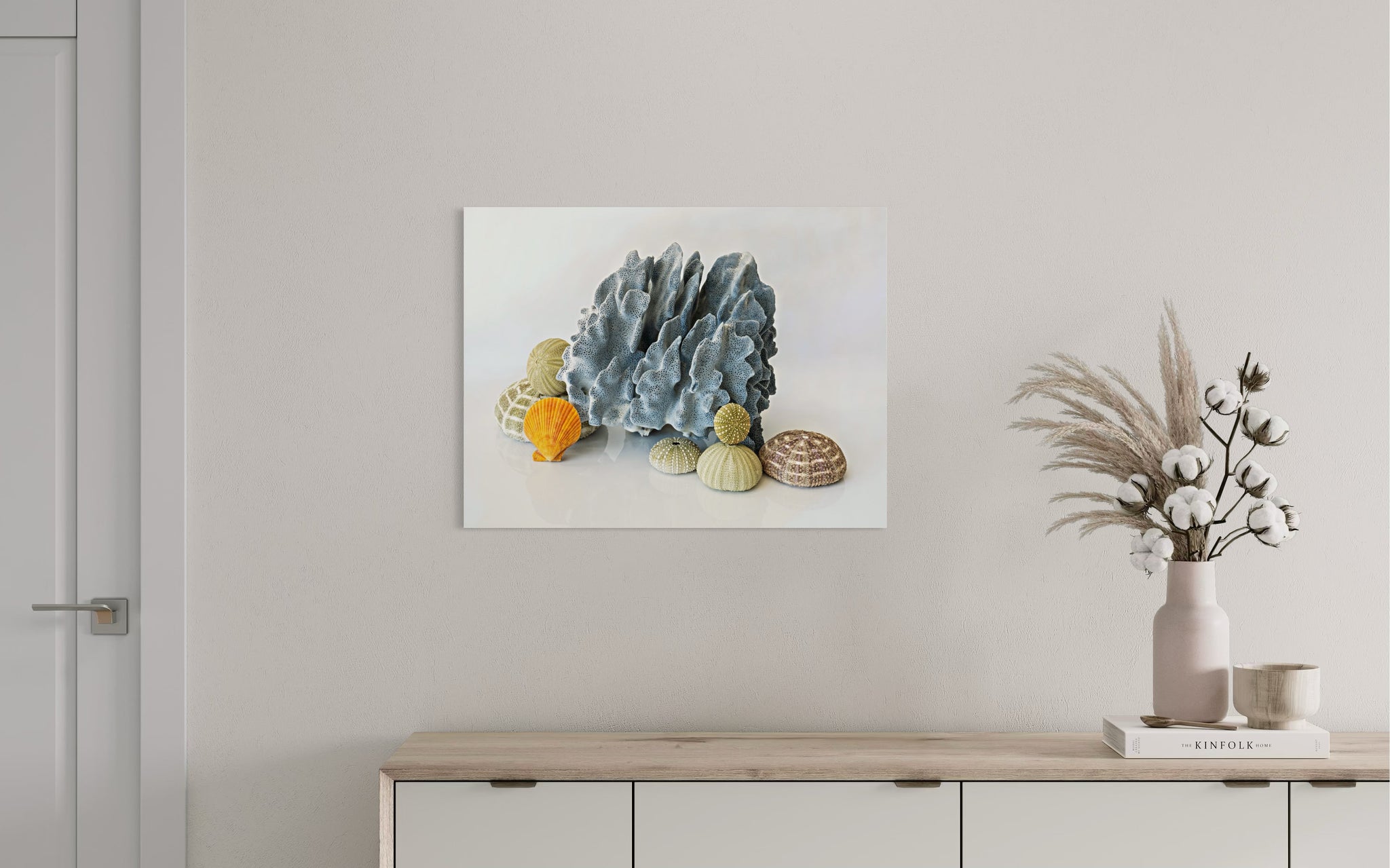 Blue Coral and Sea Urchins Coastal Glass Print by Echoes of the Sea, coastal decor