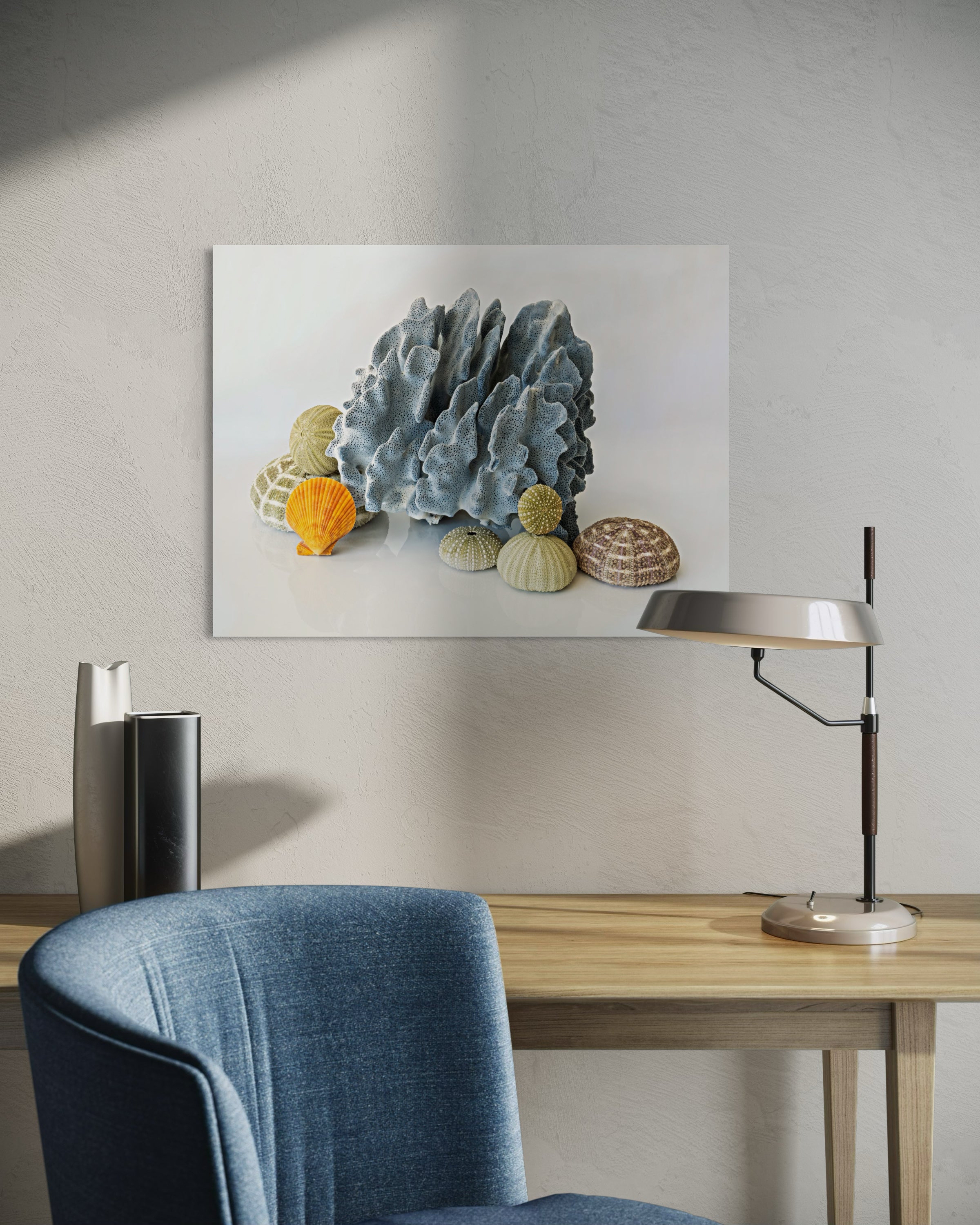 Blue Coral and Sea Urchins Glass Print | Oceanic Art Decor - Shell Prints