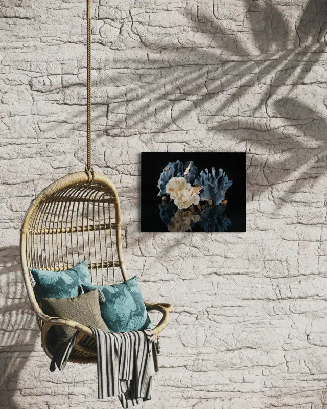Blue Coral & Seashell Glass Print with seashells and Poca coral on reflective black background-sitting area