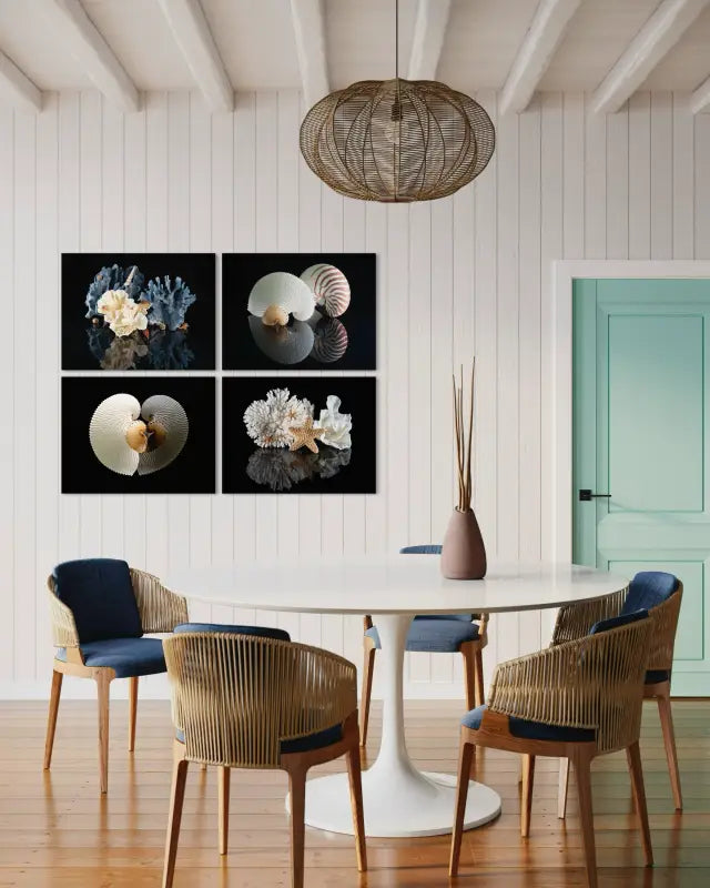 Blue Coral & Seashell Glass Print with seashells and Poca coral on reflective black background with 3 prints