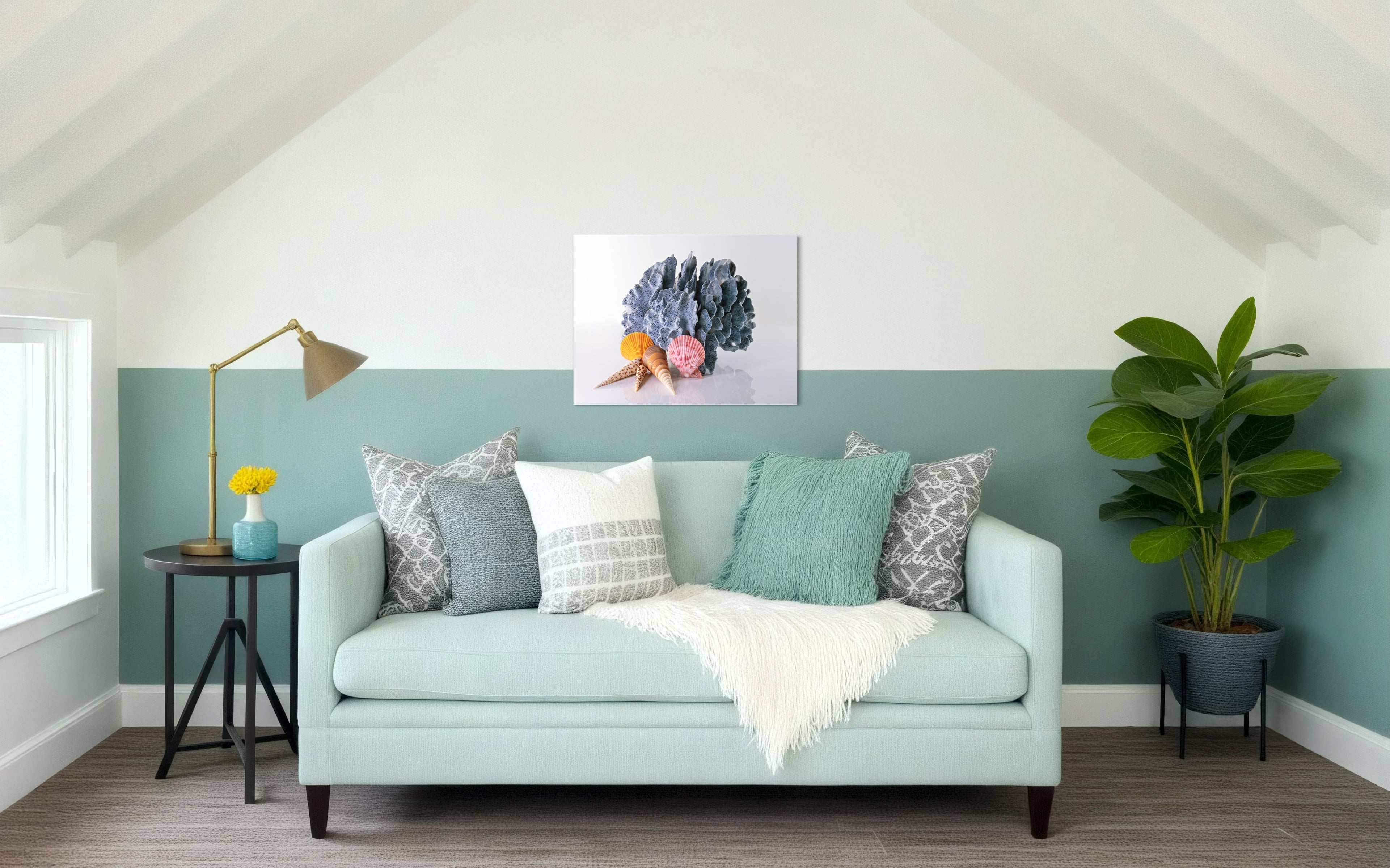 Blue coral and seashells coastal glass print by Echoes of the Sea, coastal living room