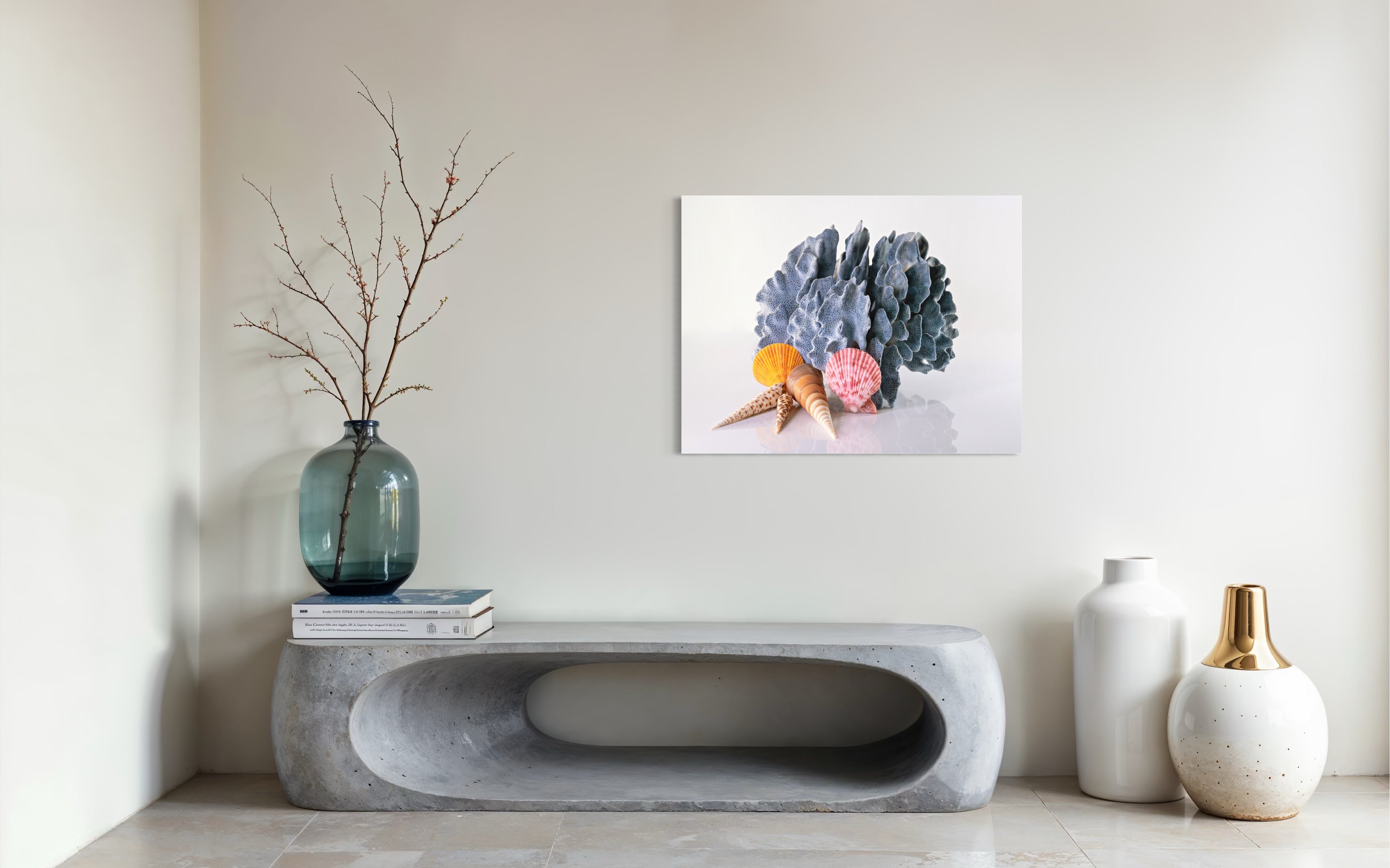 Blue coral and seashells coastal glass print by Echoes of the Sea, modern decor