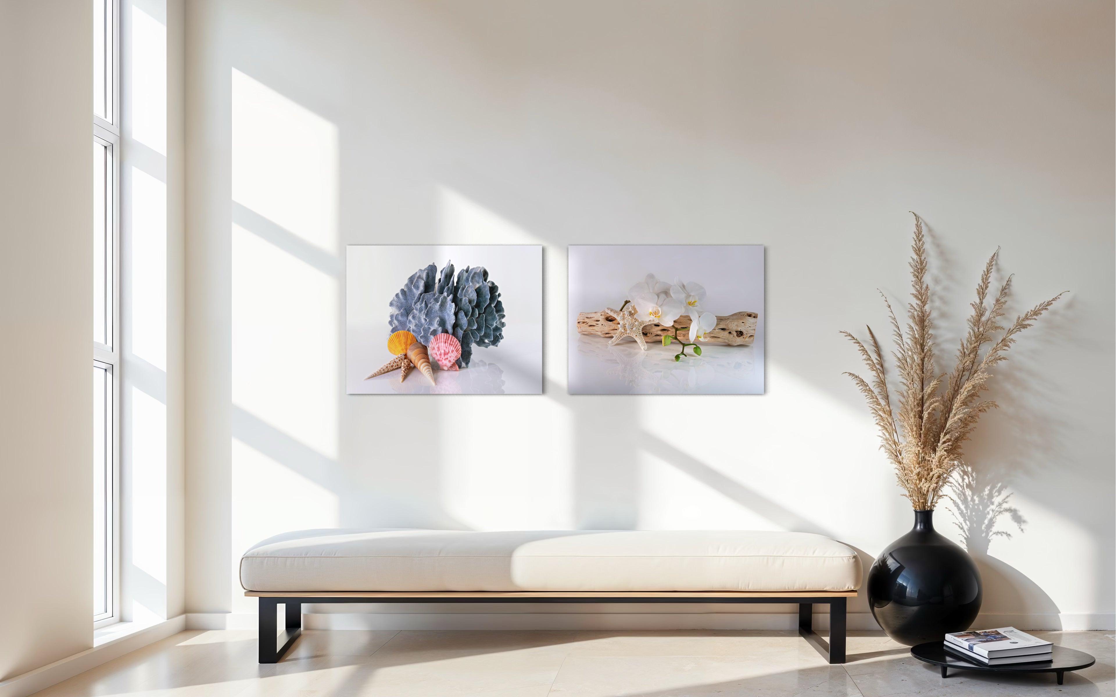 Blue coral and seashells coastal glass print by Echoes of the Sea, coastal decor