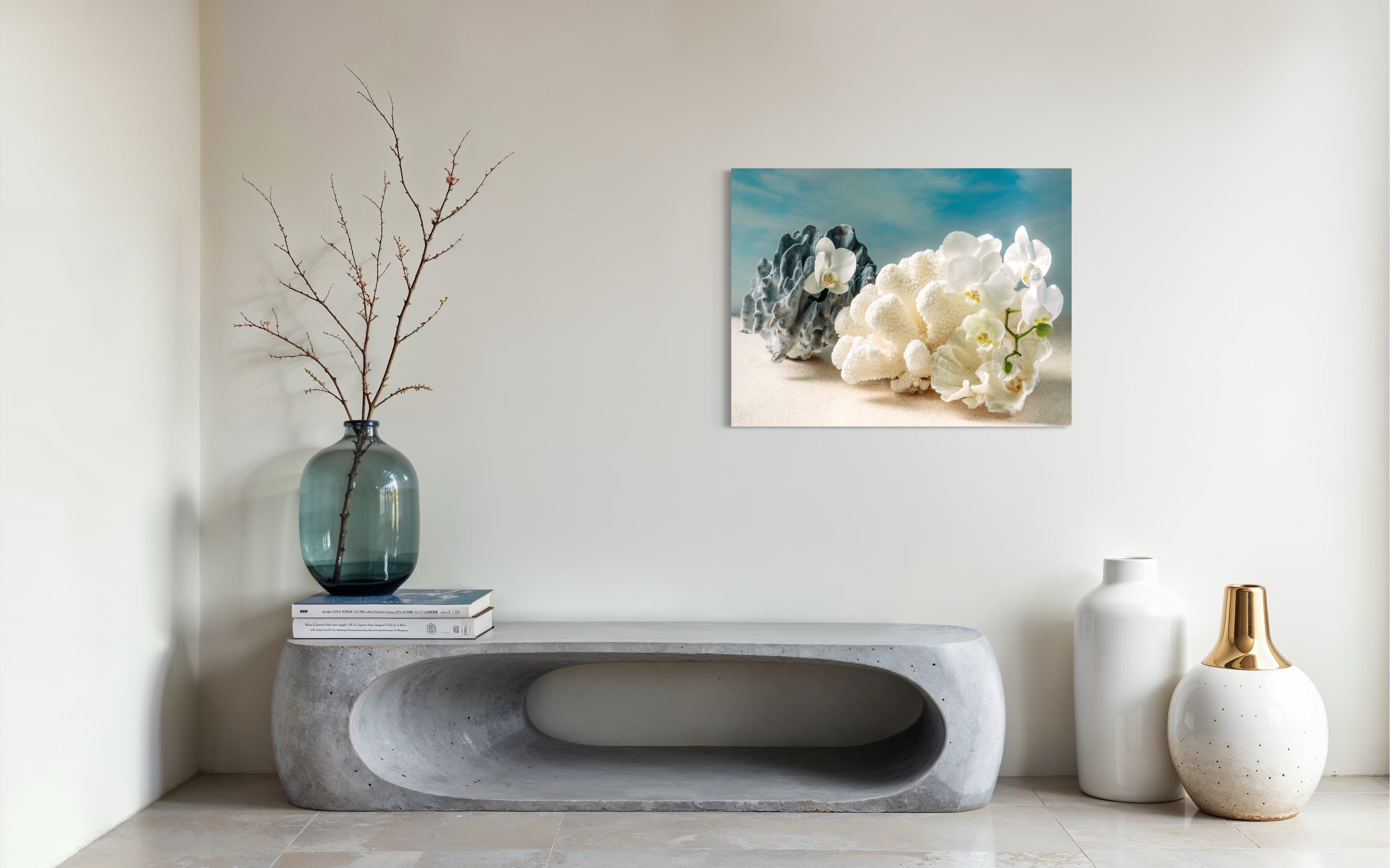 Blue Cauliflower & Lettuce Coral Glass Print - Tropical Art - Shell Prints-sitting area