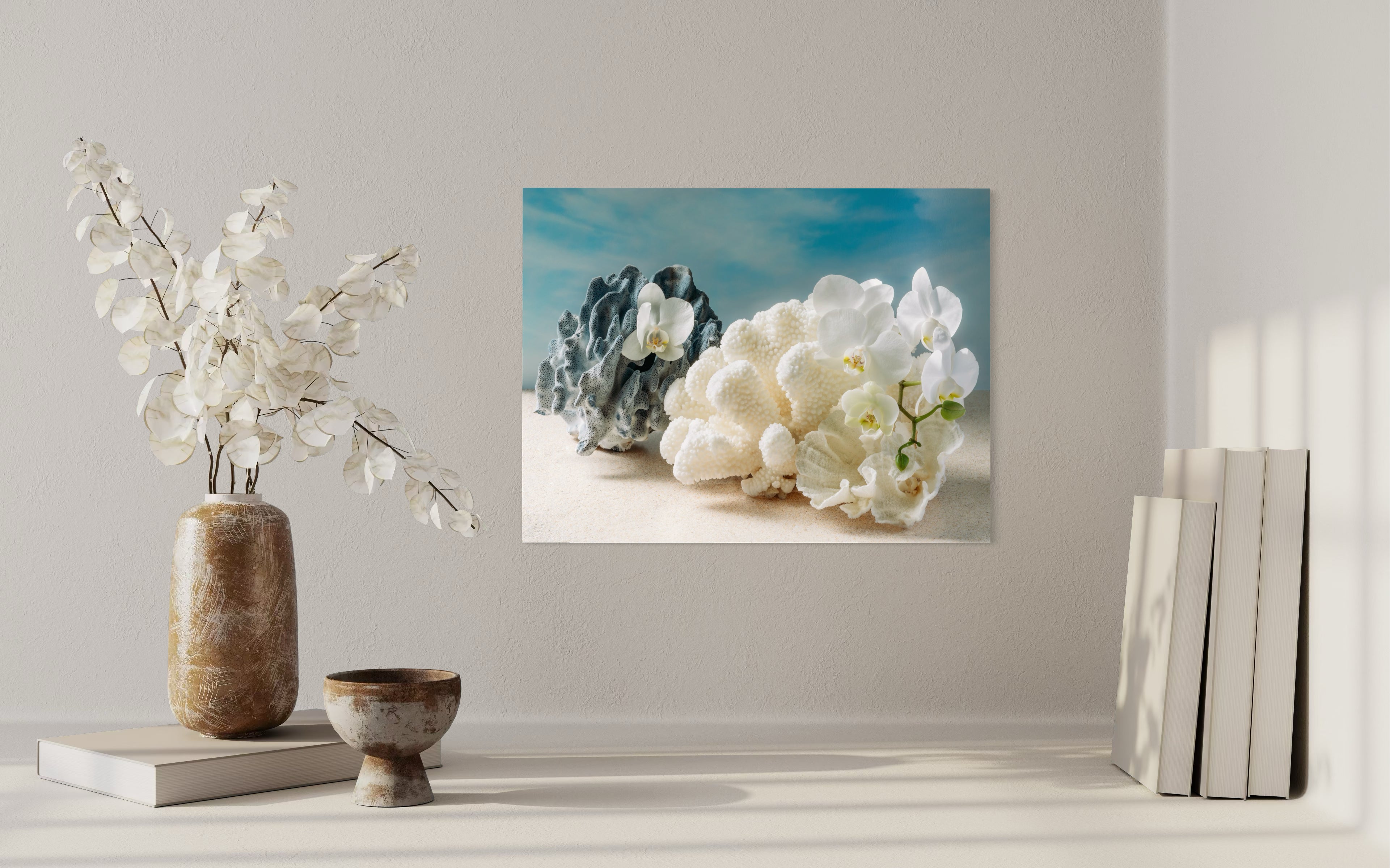 Blue Cauliflower & Lettuce Coral Glass Print - Tropical Art - niche wall decor