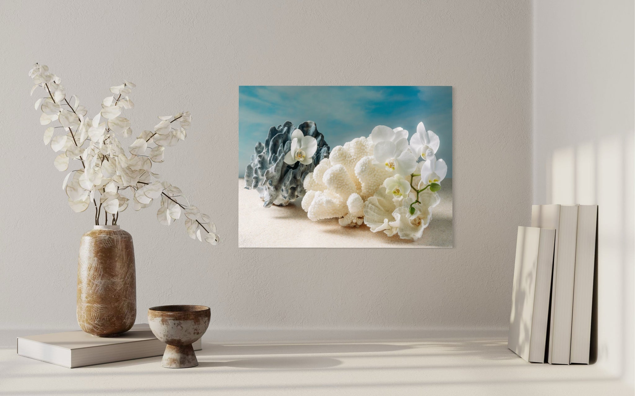 Blue Cauliflower & Lettuce Coral Glass Print - Tropical Art - niche wall decor