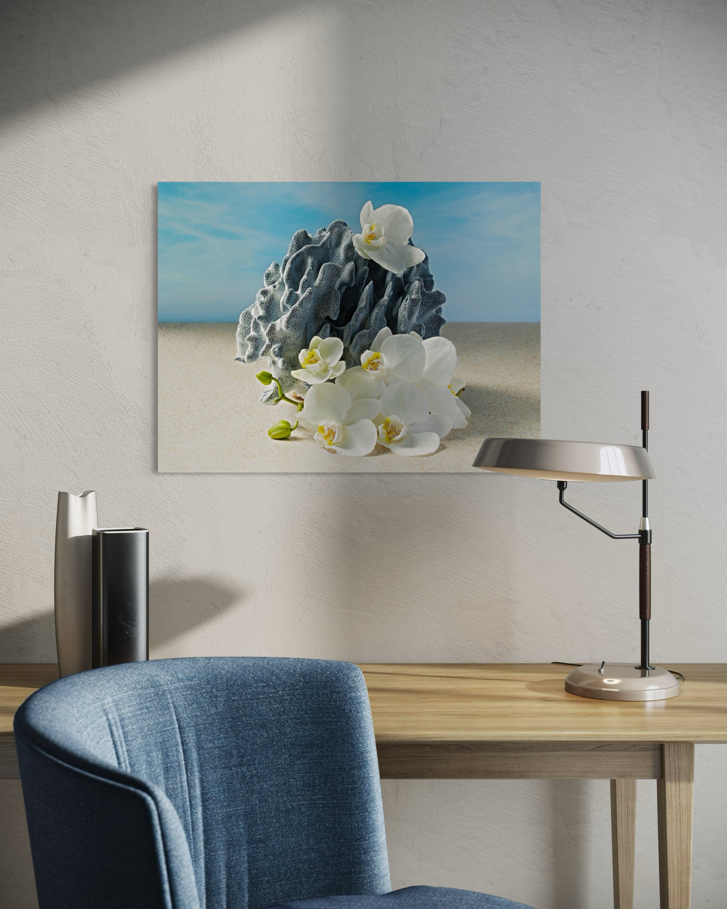 Serene glass print with blue coral and white orchids on a sandy beach-office decor