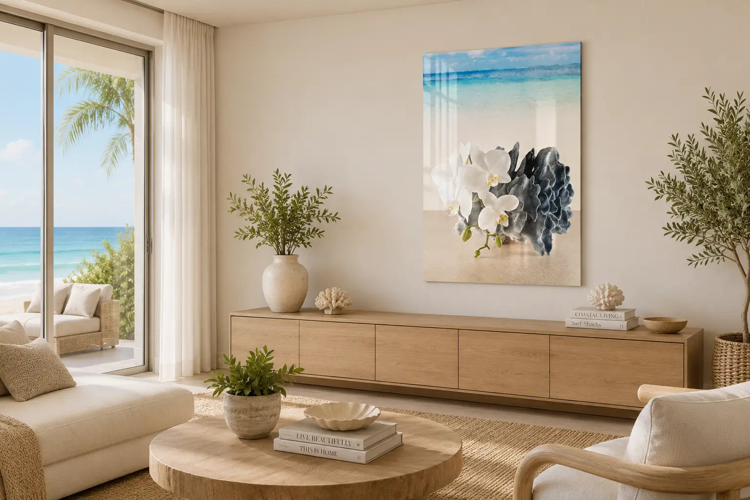 Modern coastal living room with a shell and coral glass print, warm neutrals, ocean view, and minimalist natural styling.