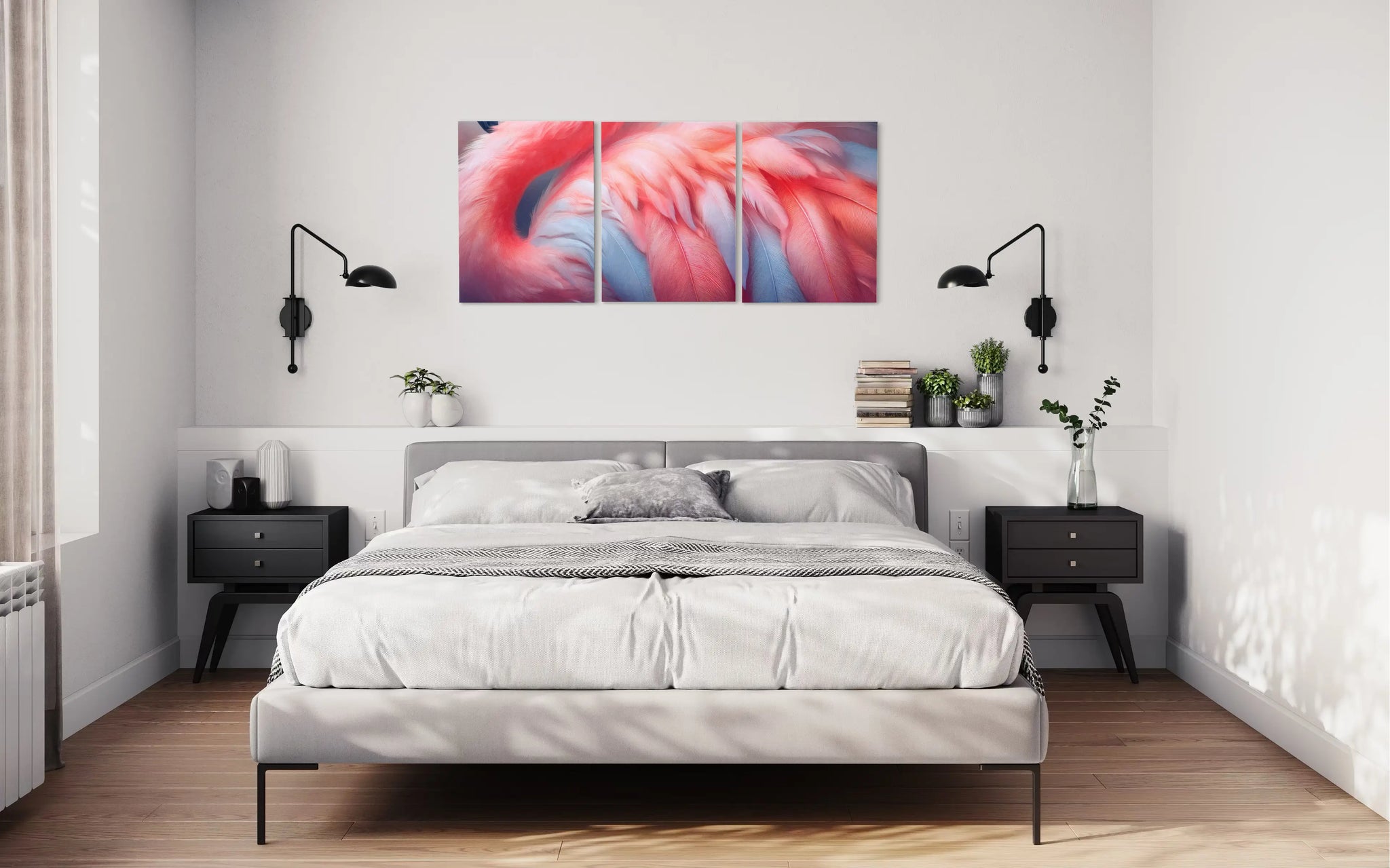 Blush flamingo feather glass triptych centered above a bed in a soft coastal bedroom, creating large flamingo feather wall art in blush and blue tones.