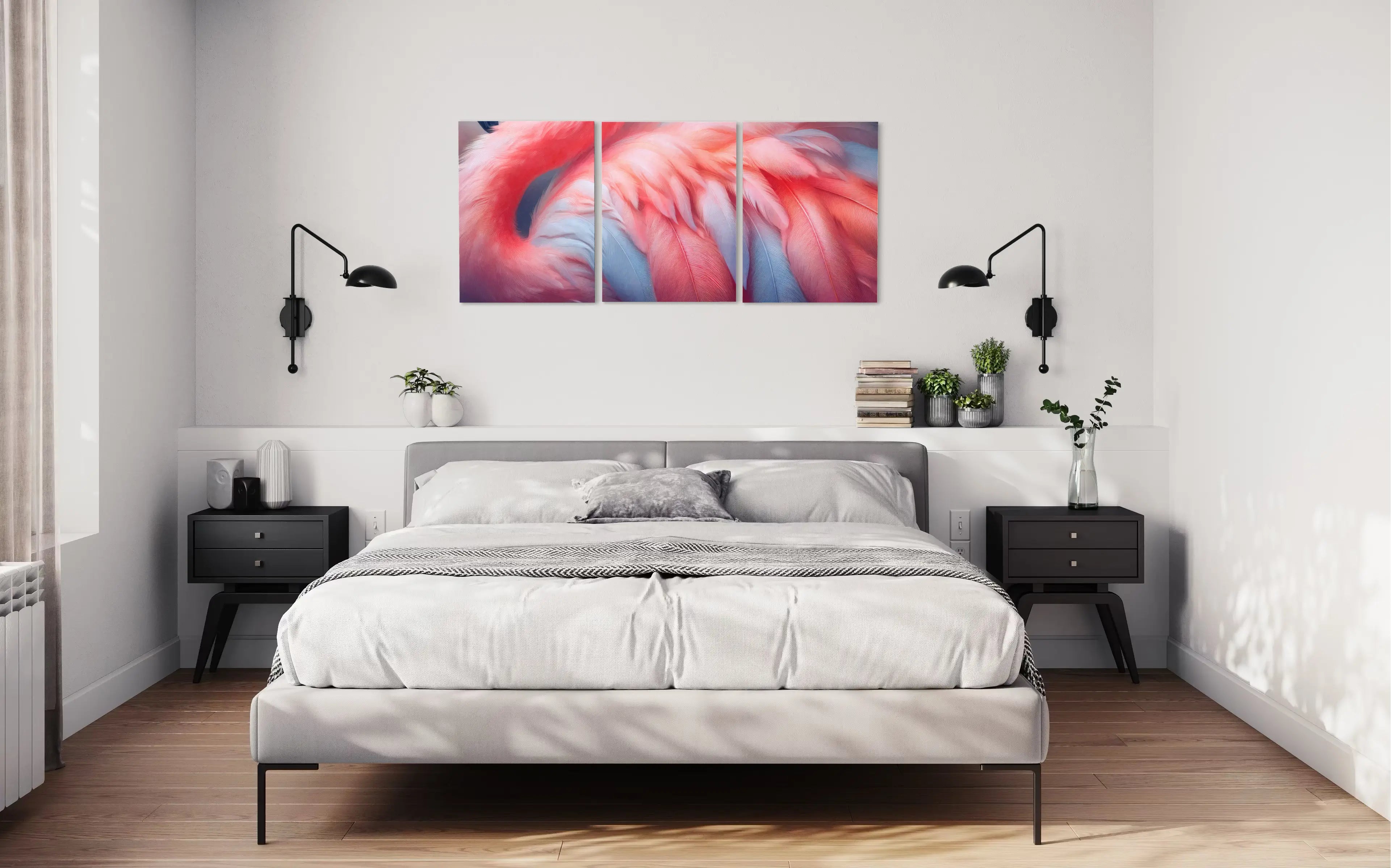 Blush flamingo feather glass triptych centered above a bed in a soft coastal bedroom, creating large flamingo feather wall art in blush and blue tones.