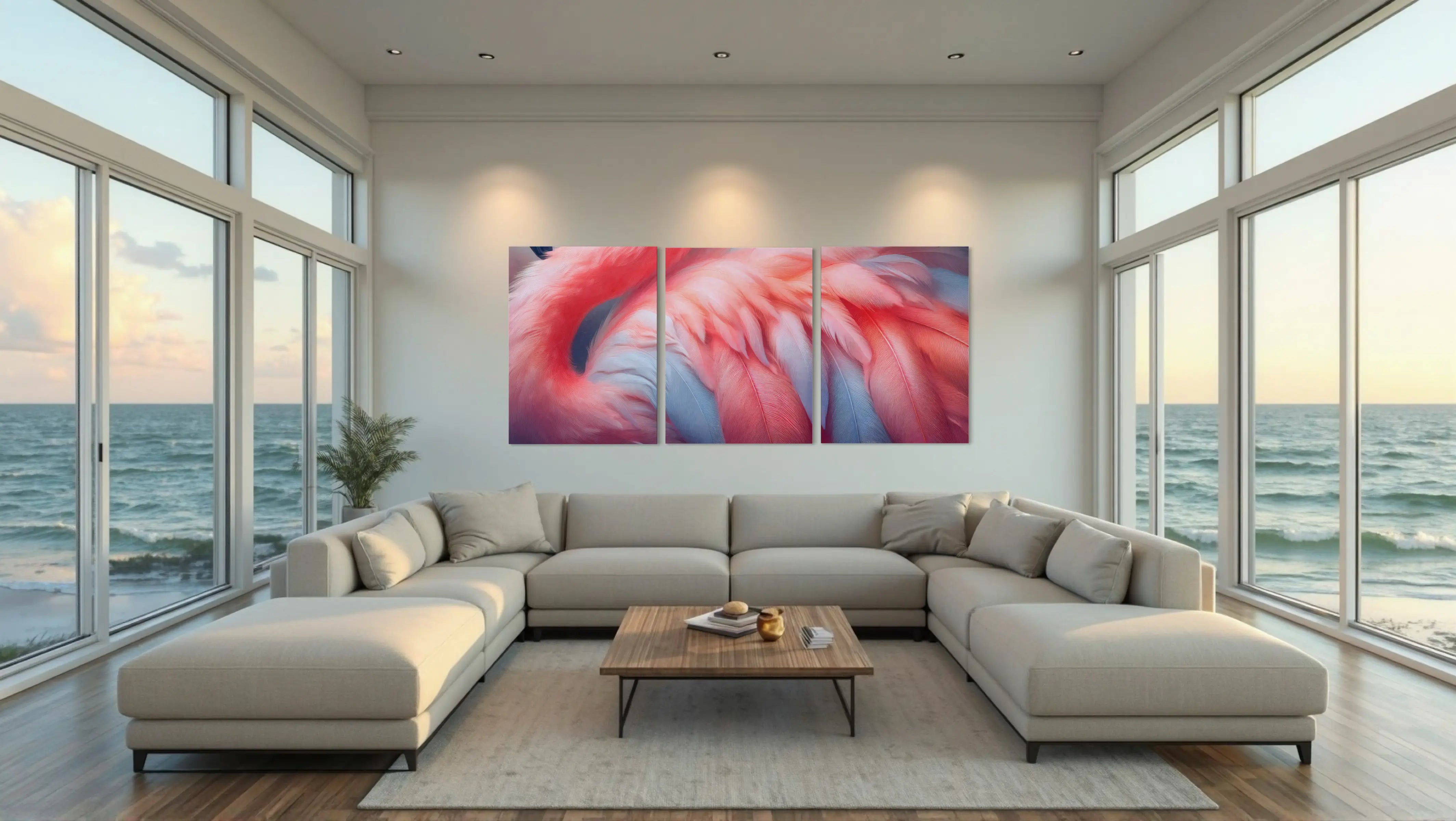 Blush flamingo feather coastal glass triptych hanging over a light sofa in a modern coastal living room, large coastal wall art statement.