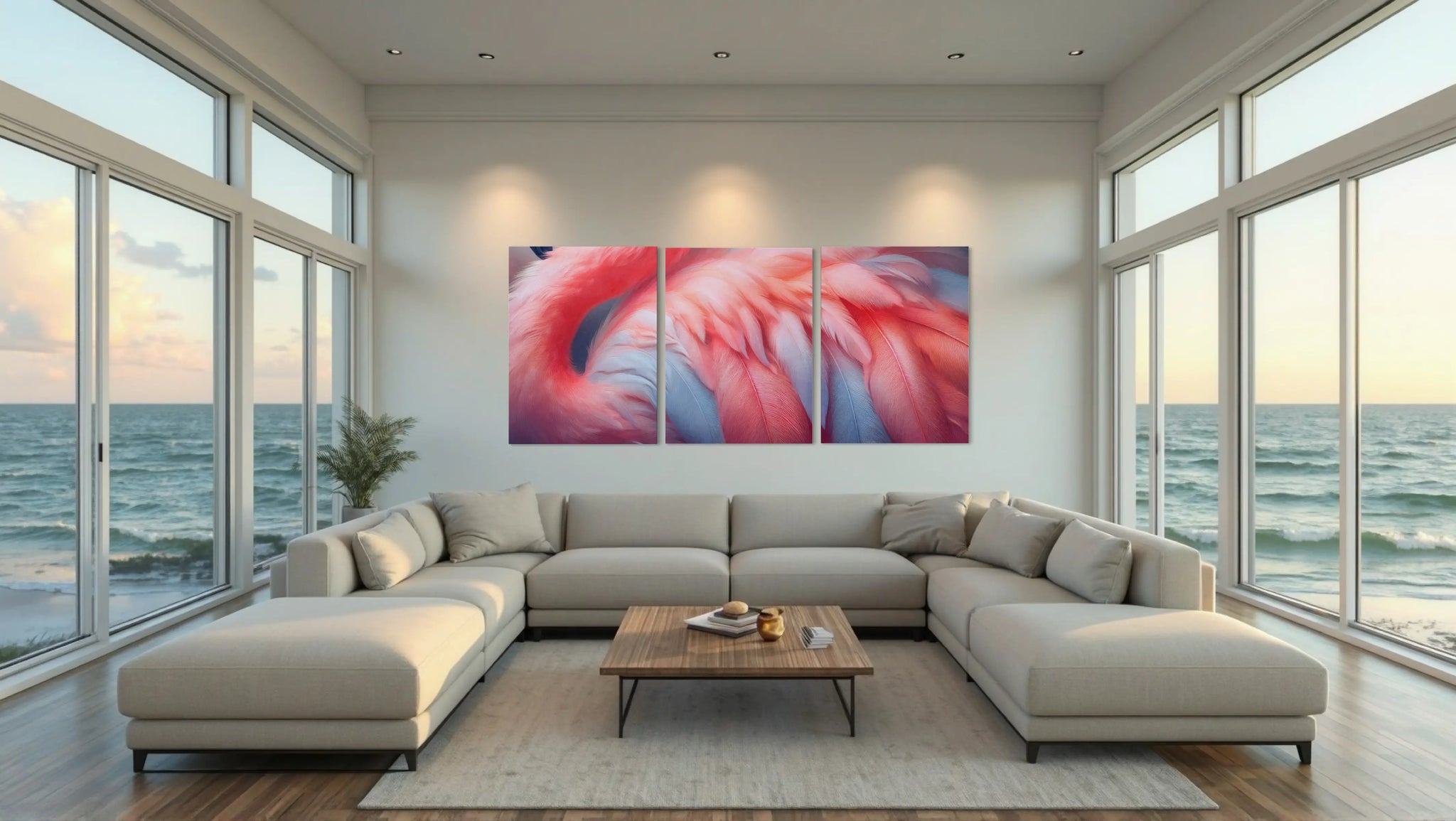 Blush flamingo feather coastal glass triptych hanging over a light sofa in a modern coastal living room, large coastal wall art statement.