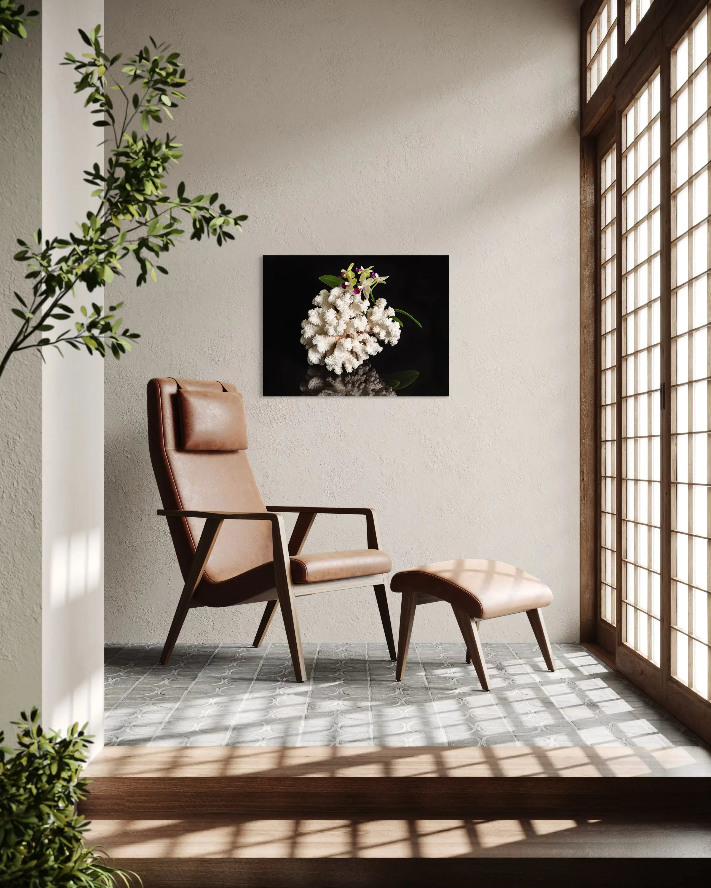 Brown Stem Coral & Orchids Coastal Glass Print with white coral and colorful orchids, sunroom