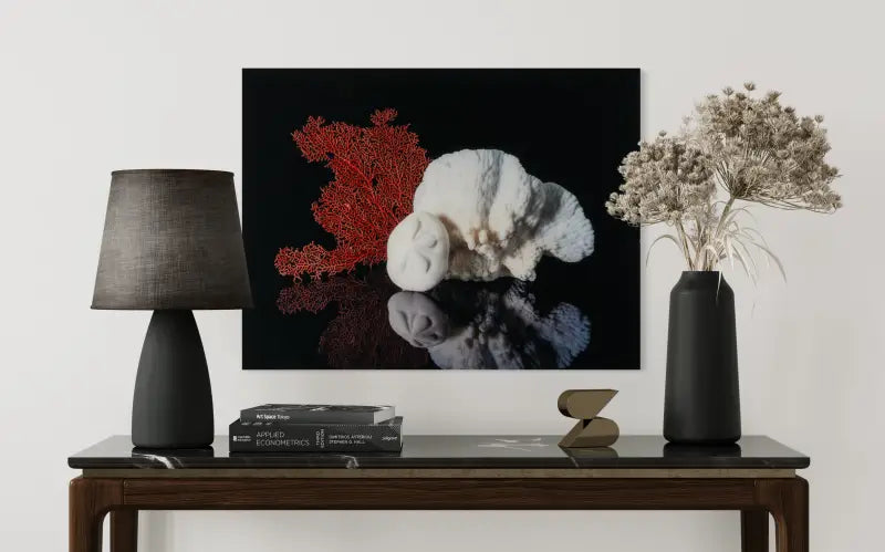Glass print of cactus coral, sea fan, sea biscuit on black reflective background for ocean decor-wall decor