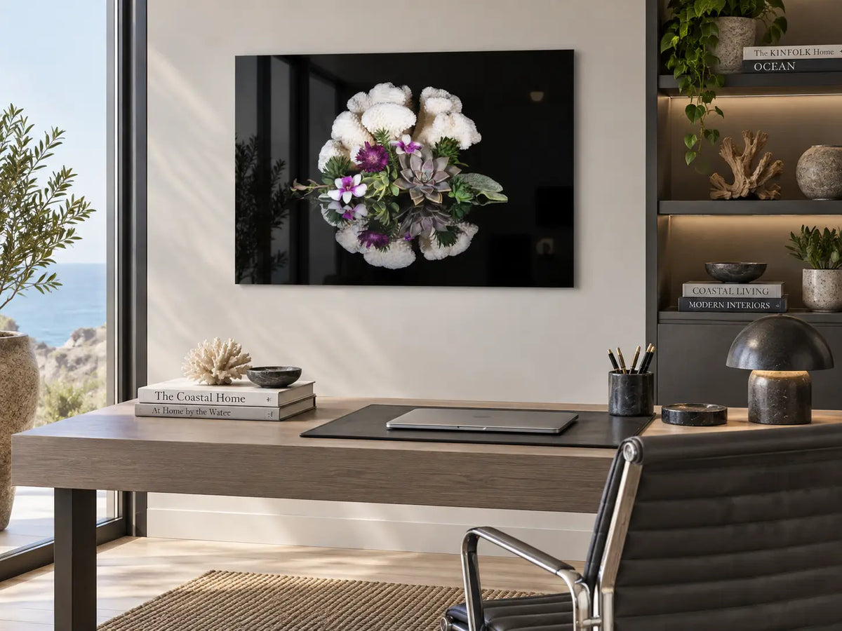 Modern coastal home office with charcoal accents featuring a horizontal cauliflower coral and succulent glass print