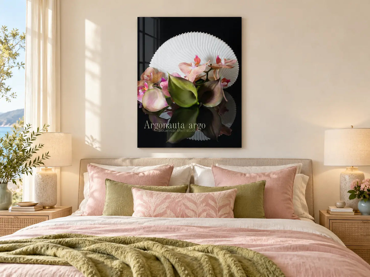 Argonauta argo botanical glass wall art displayed in a modern coastal bedroom with celery-green and earthy rose accents.