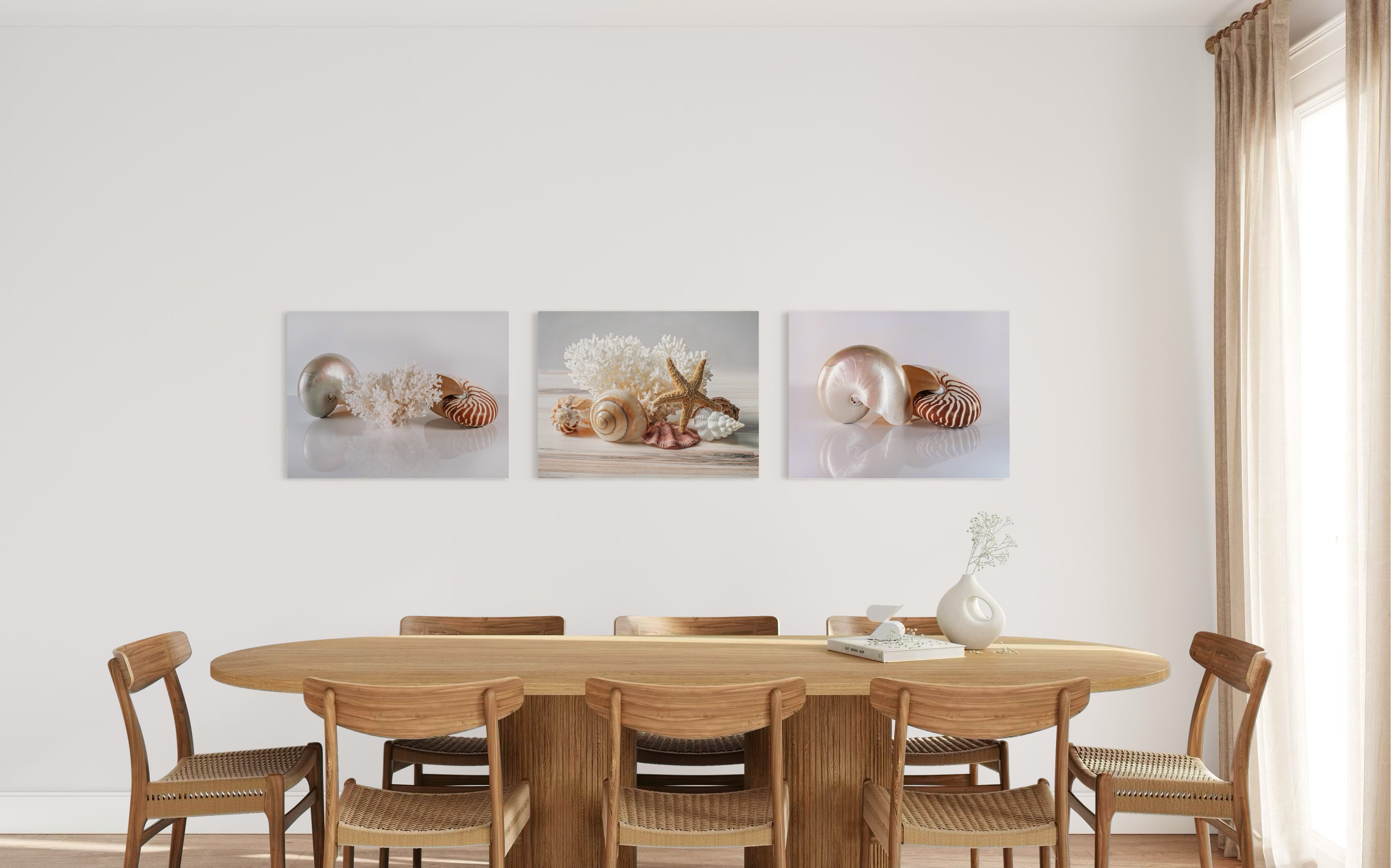 Three coastal-themed glass prints with seashells, starfish, coral, and nautilus in a modern dining room