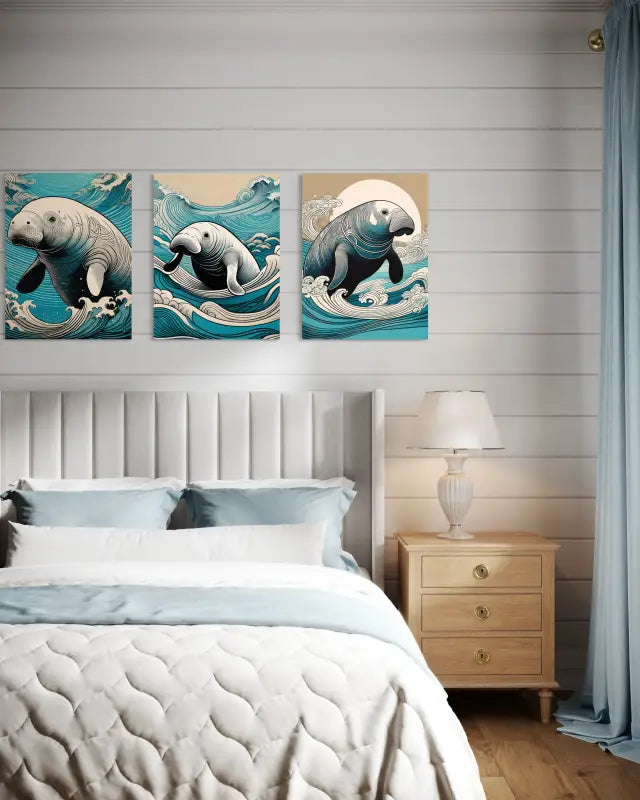 Eco-friendly glass print of a manatee swimming through Ukiyo-e waves from Echoes of the Sea-bedroom wall gallery