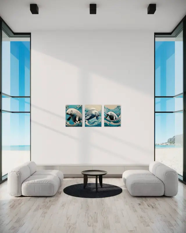 Coastal glass art print of a manatee in line art style with Hokusai-style blue and turquoise waves-coastal living room gallery