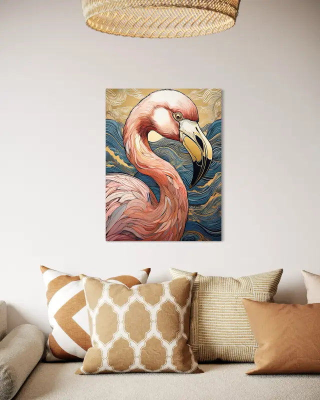 Experience coastal charm with our Chic Flamingo in Blue Waves Glass Print – gold accents on flamingo and waves, captured on glass-sitting area