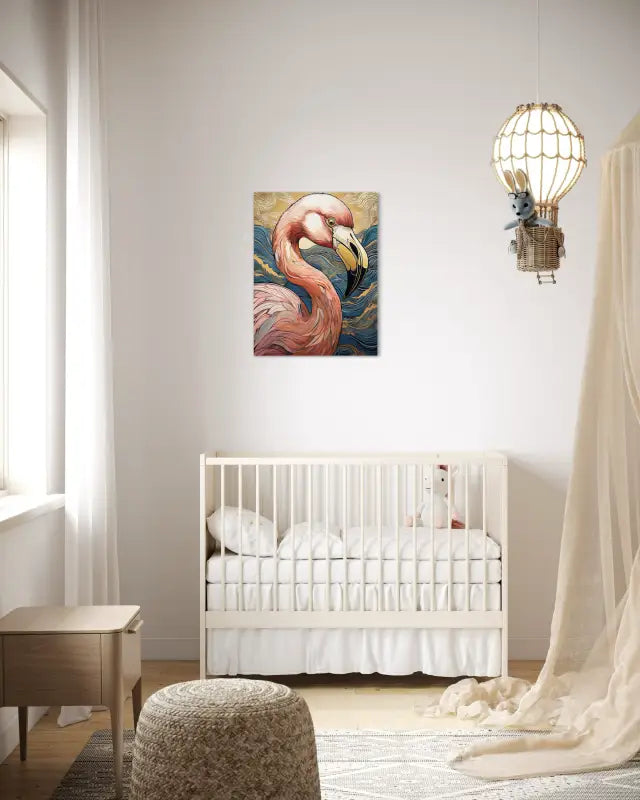 Experience coastal charm with our Chic Flamingo in Blue Waves Glass Print – gold accents on flamingo and waves, captured on glass-nursery decor