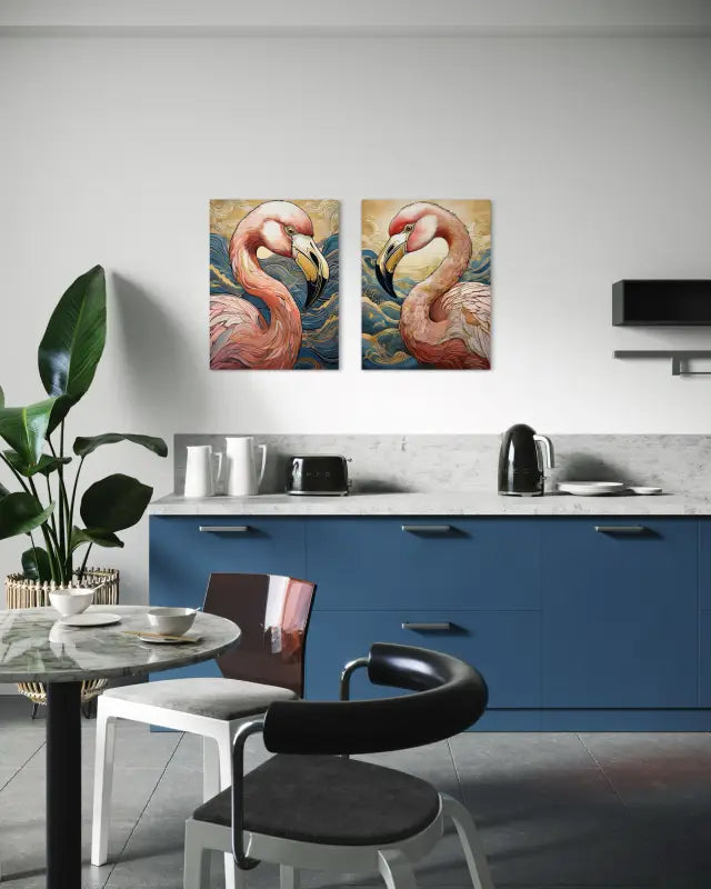 Experience coastal charm with our Chic Flamingo in Blue Waves Glass Print – gold accents on flamingo and waves, captured on glass-displayed with matching glass print
