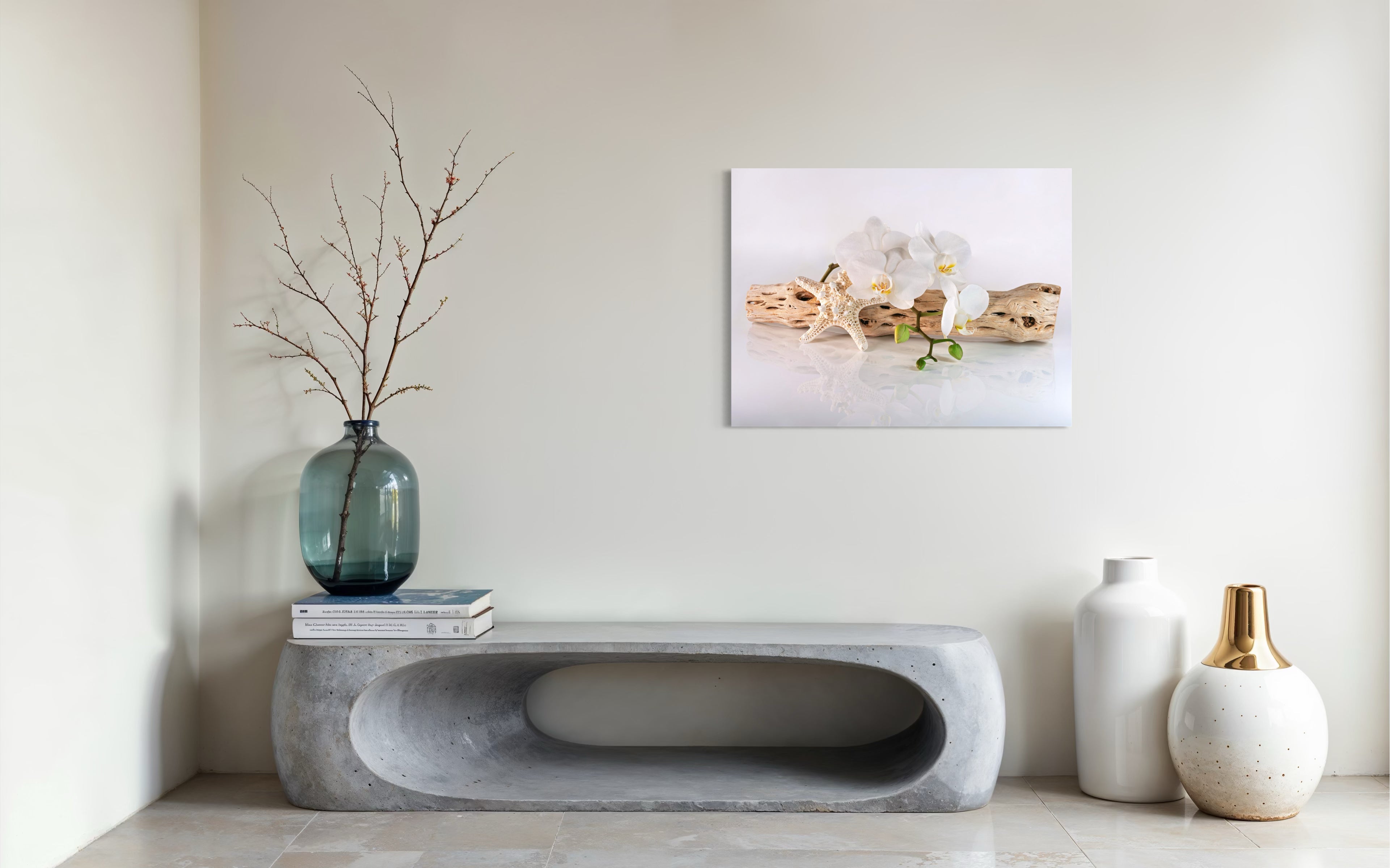 Cholla Driftwood White Orchids & Starfish Glass Print - Coastal Art Decor - Shell Prints