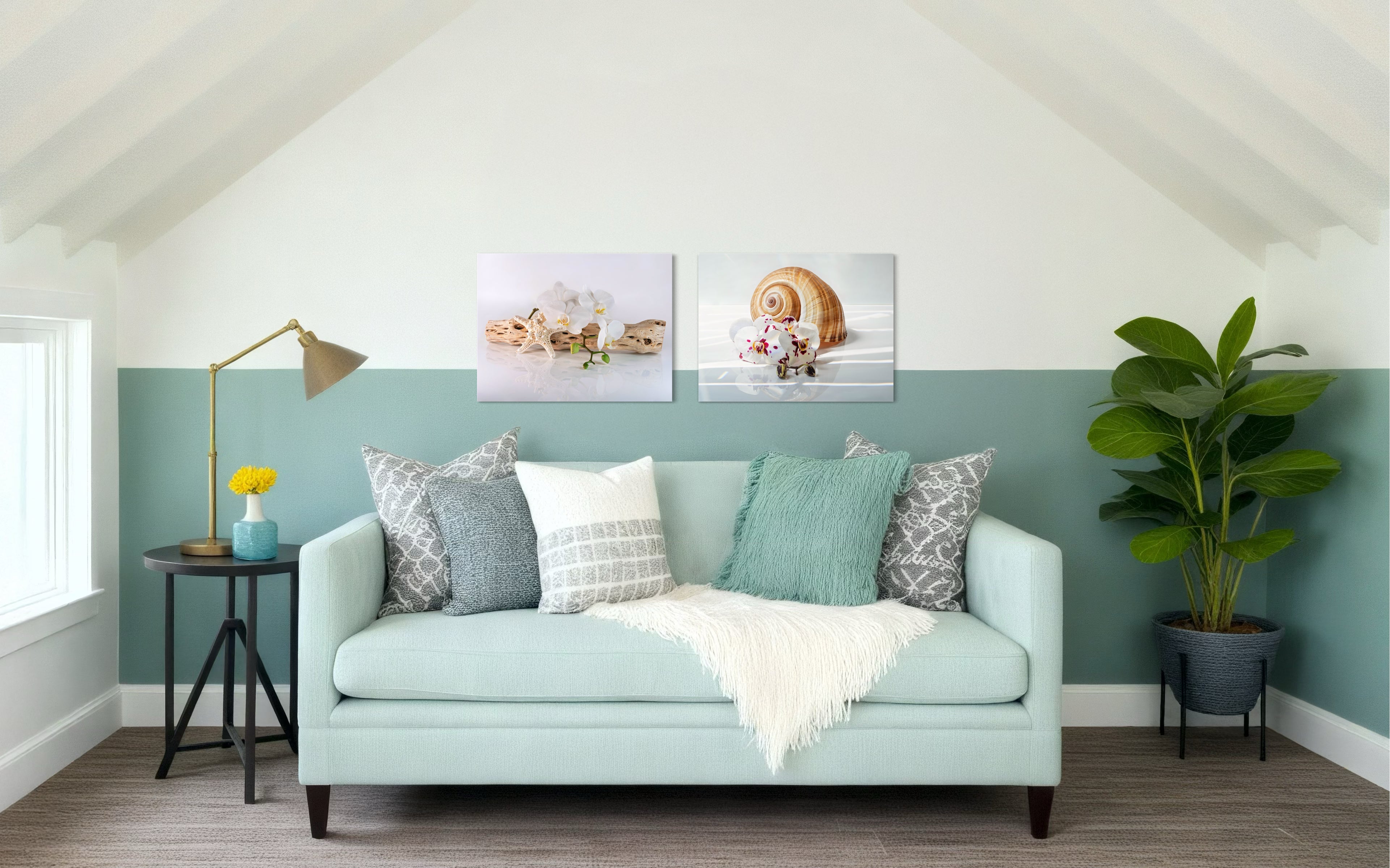 Cholla Driftwood White Orchids & Starfish Glass Print - Coastal Art Decor - Shell Prints