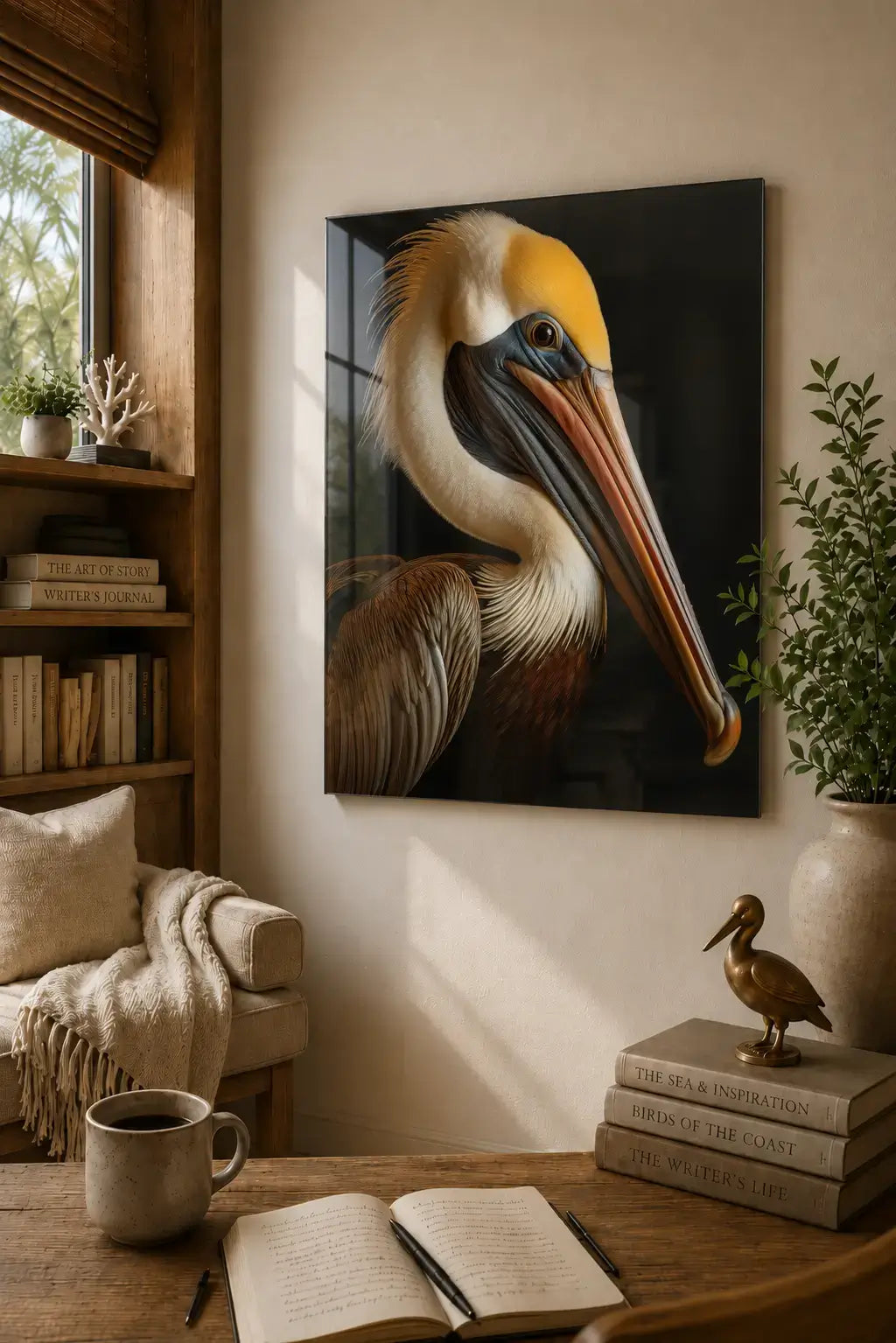 Writer's office with a coastal brown pelican glass print gives a pause to the room