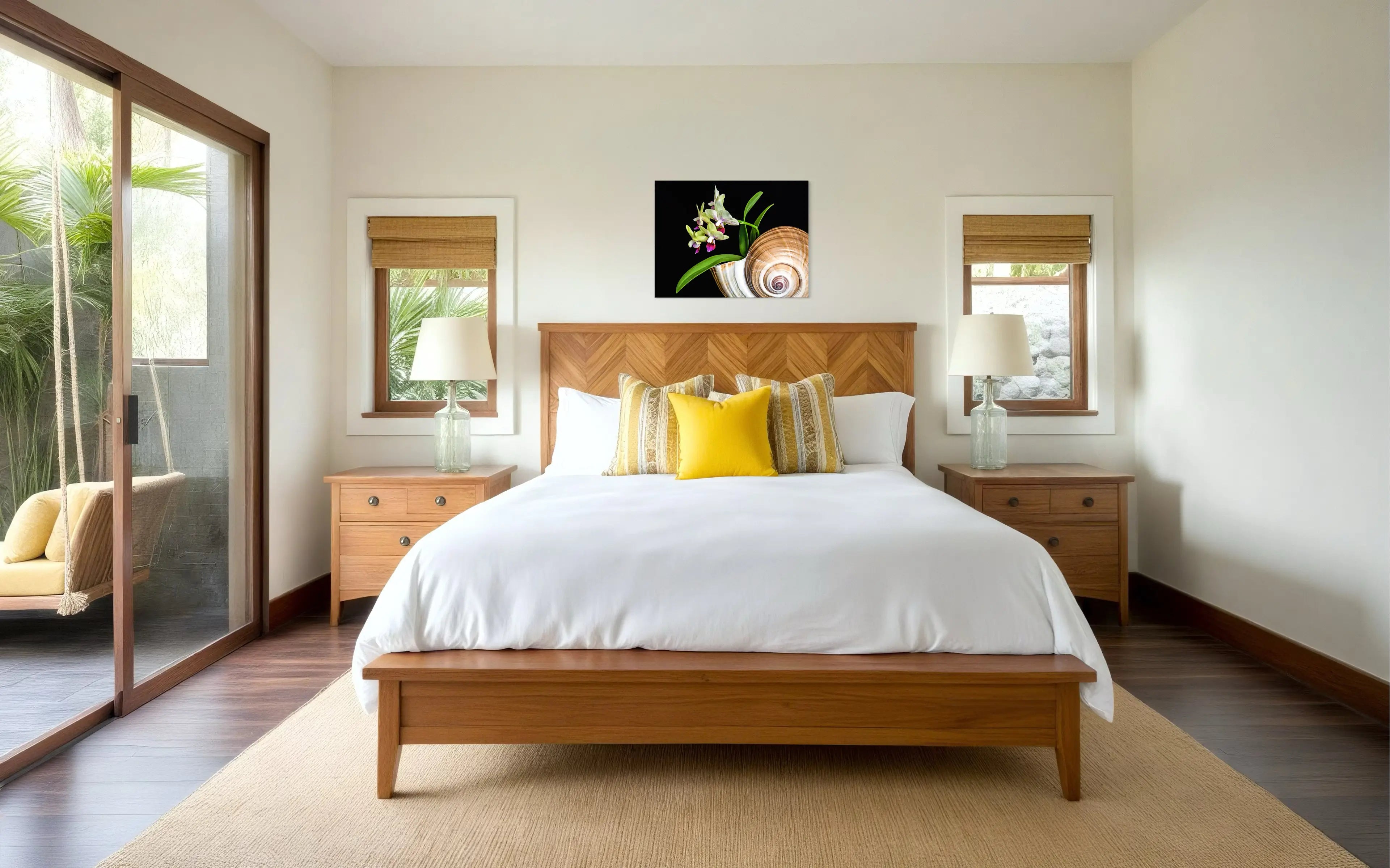 Close-up glass print of coastal orchids and white coral on a black background, coastal bedroom