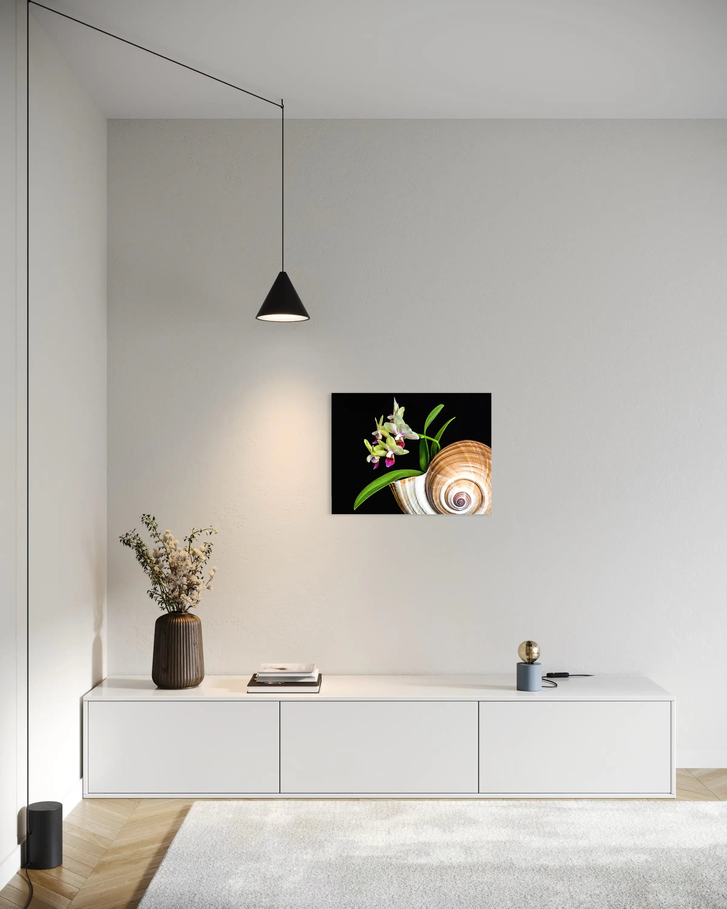 Close-up glass print of coastal orchids and white coral on a black background, living room