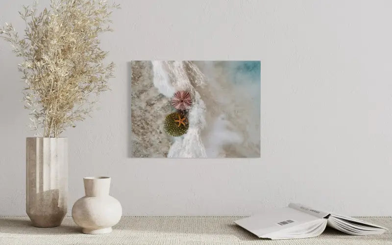 Seashell glass print with starfish and sea urchins in foamy waves on beach sand, beach home decor