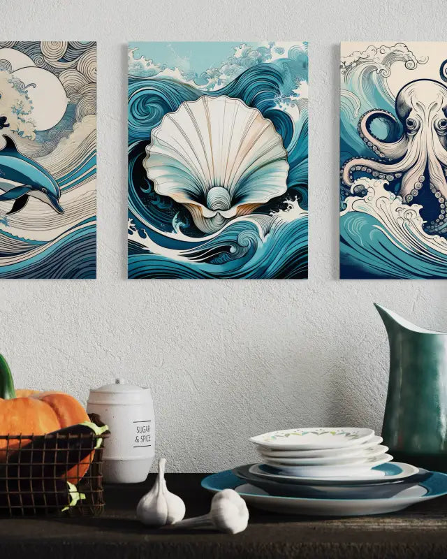 Seashell in Hokusai waves coastal glass art print, coastal gallery wall decor