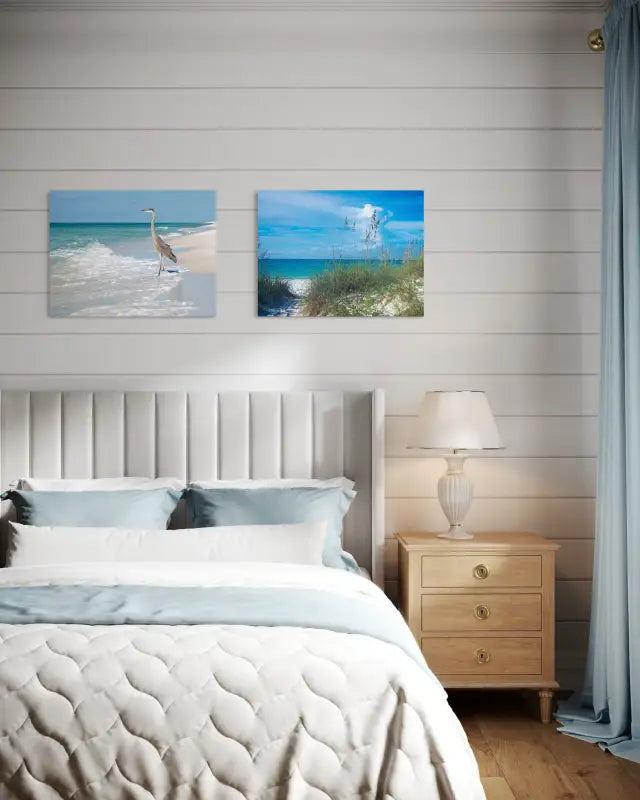 Coastal Serenity Heron Glass Artwork - Beach Scene Printed