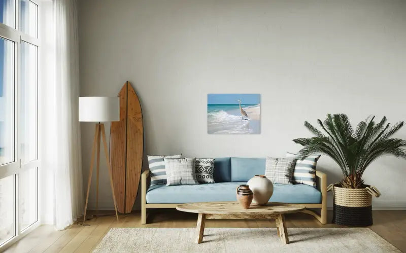 Coastal Serenity Heron Glass Artwork - Beach Scene Printed