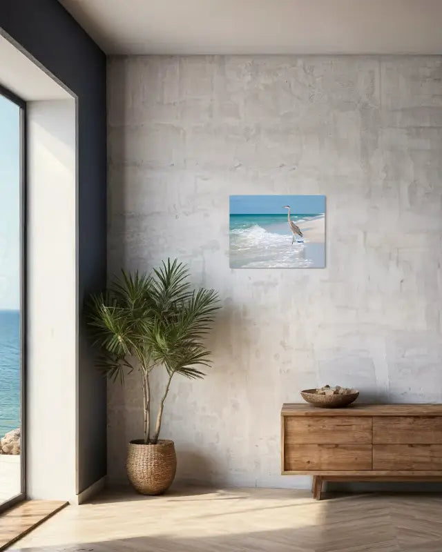 Coastal Serenity Heron Glass Artwork - Beach Scene Printed