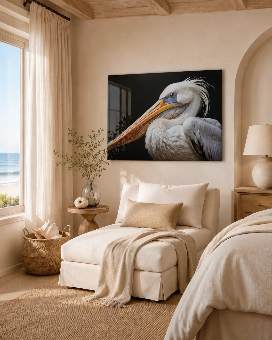 Beach-themed bedroom with pelican artwork on the wall