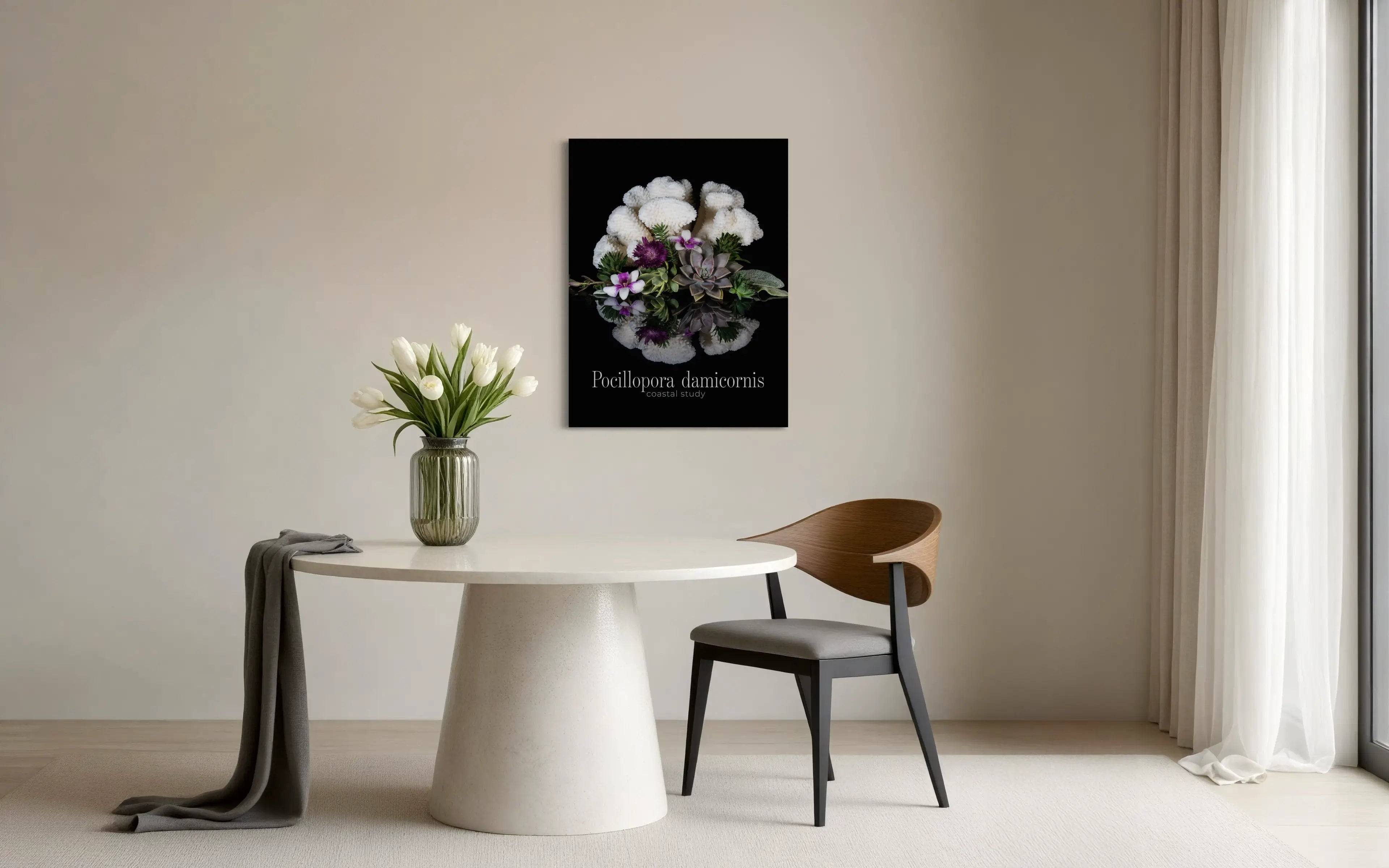 Cauliflower coral succulent wall art displayed above dining table, modern coastal glass artwork