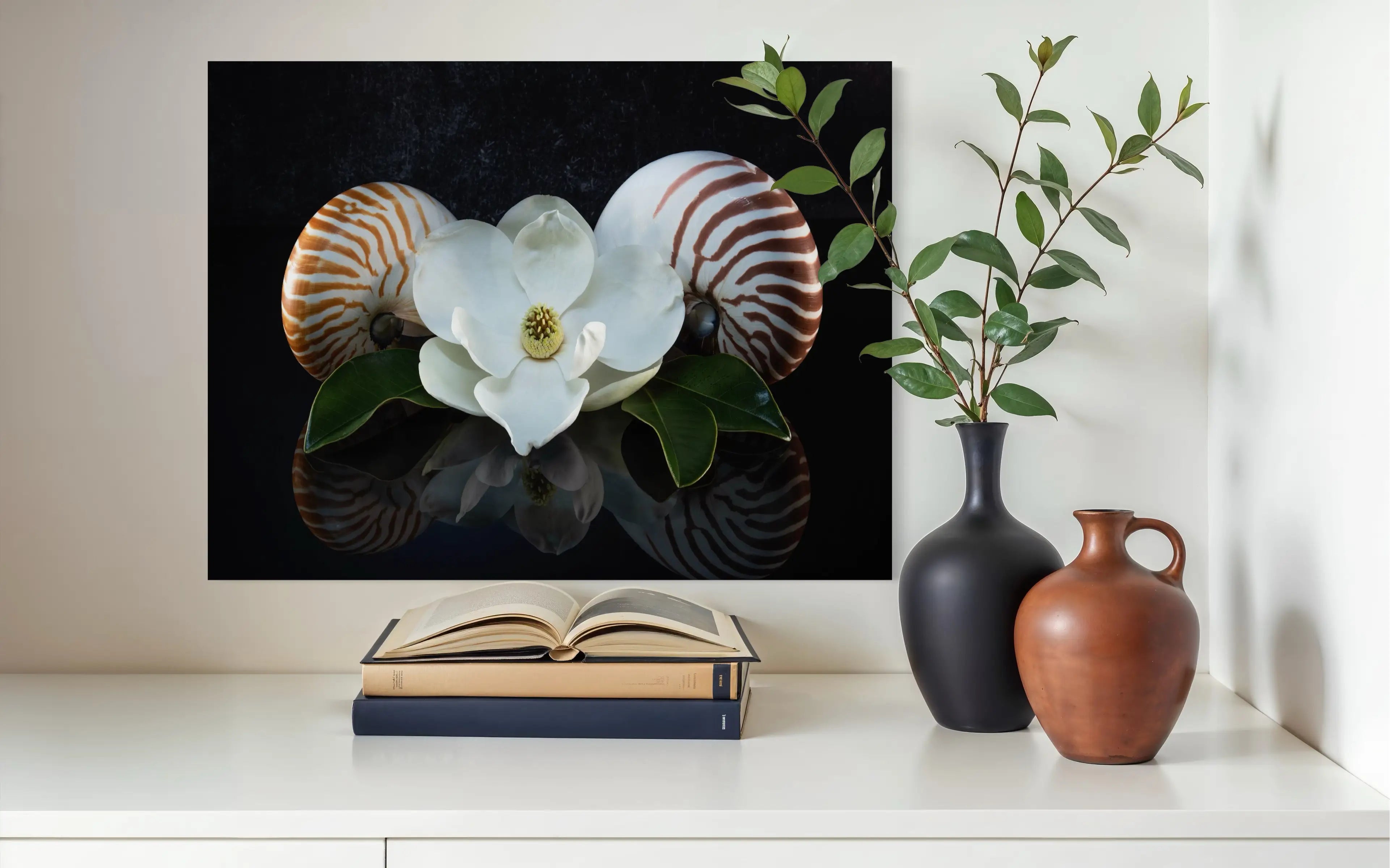 Glass print of two chambered nautiluses with a magnolia blossom on a reflective black background., the perfect modern wall decor.