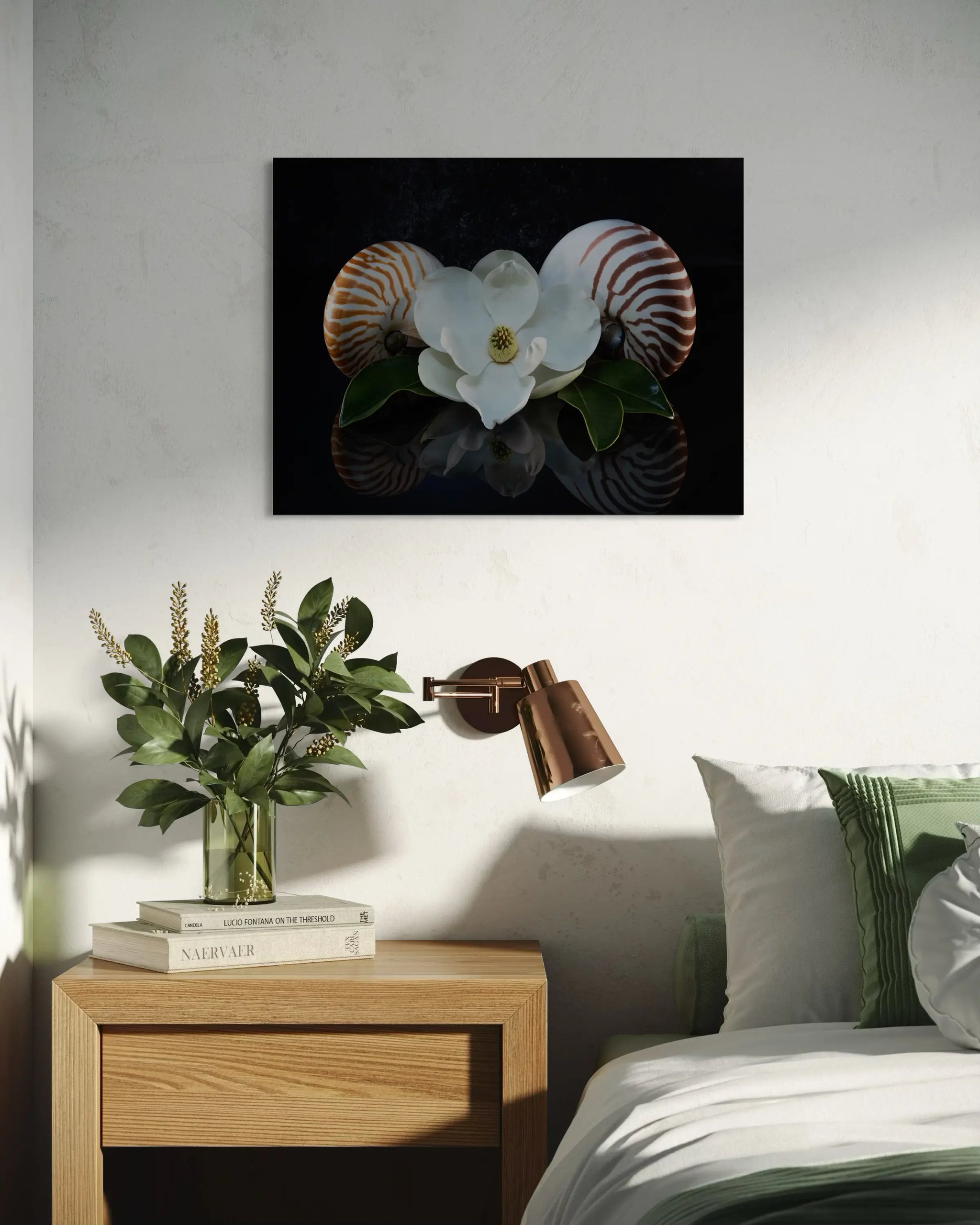 Glass print of two chambered nautiluses with a magnolia blossom coastal bedroom decor.