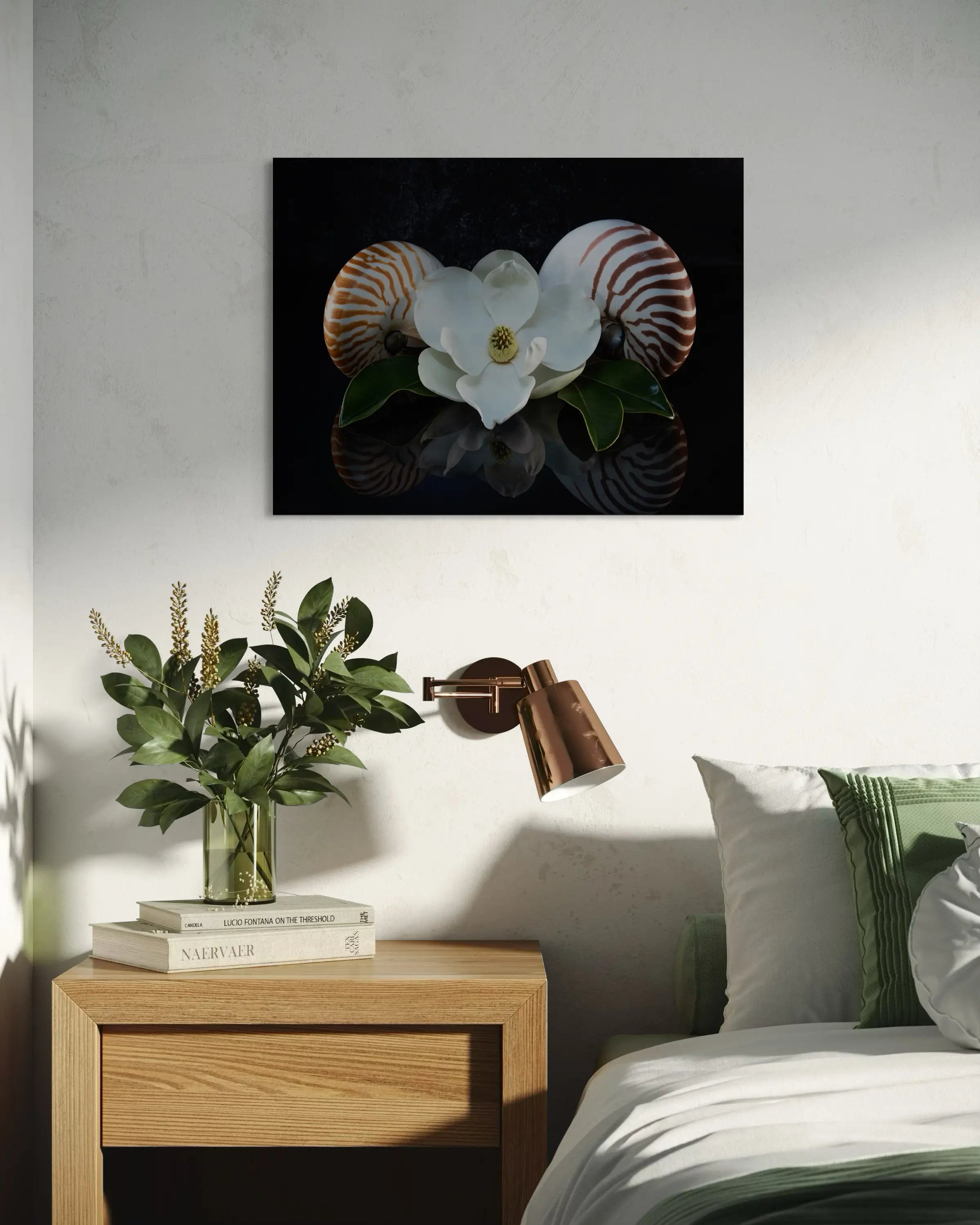 Glass print of two chambered nautiluses with a magnolia blossom coastal bedroom decor.