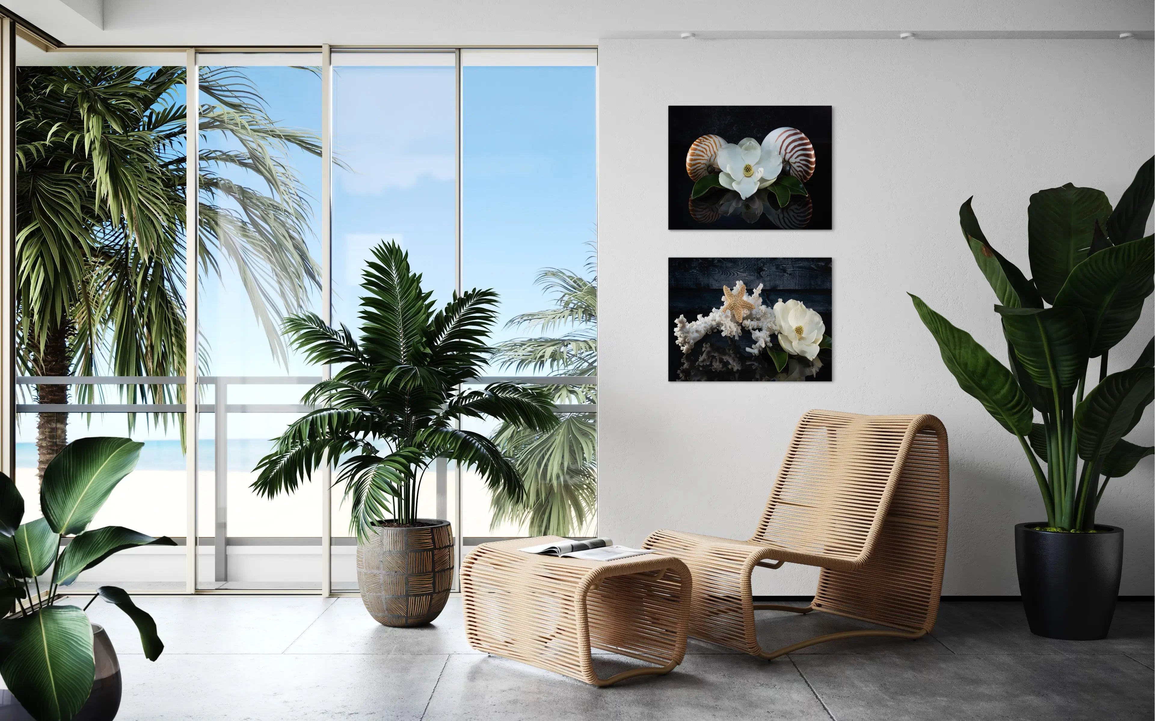 Glass print of octopus coral, starfish and a magnolia blossom on black reflective background-coastal room