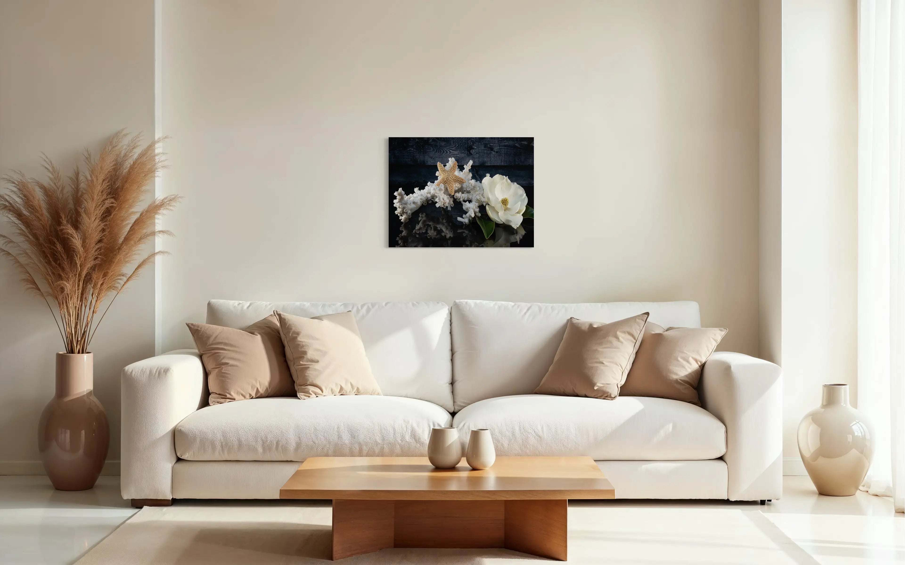 Glass print of octopus coral, starfish and a magnolia blossom on black reflective background-coastal living